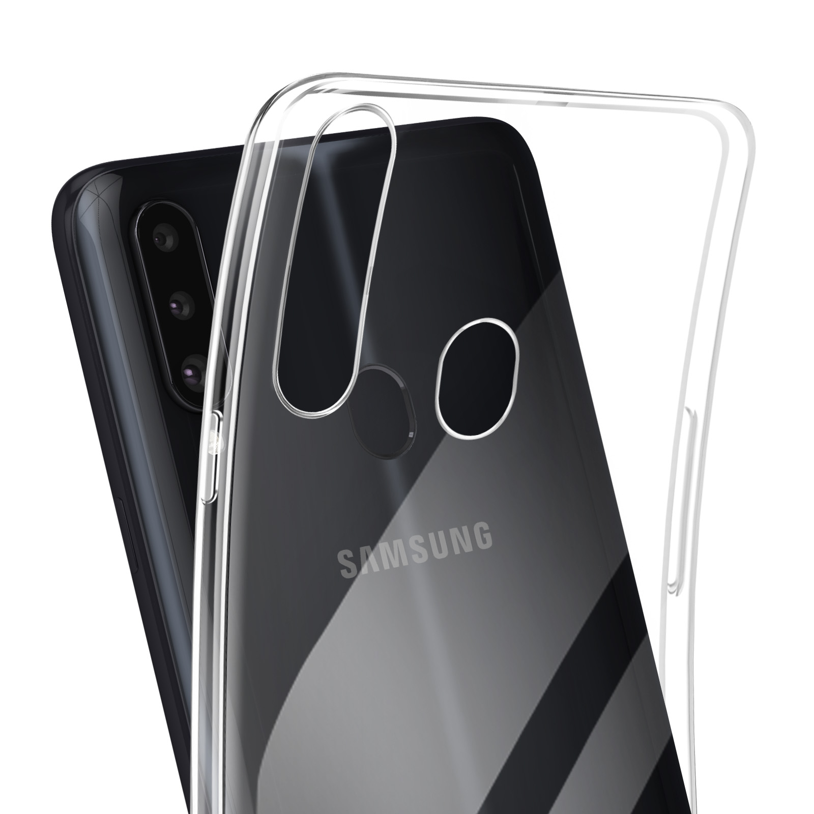 Telefono in custodia trasparente. Il retro del telefono e la custodia sono visibili. Logo Samsung.