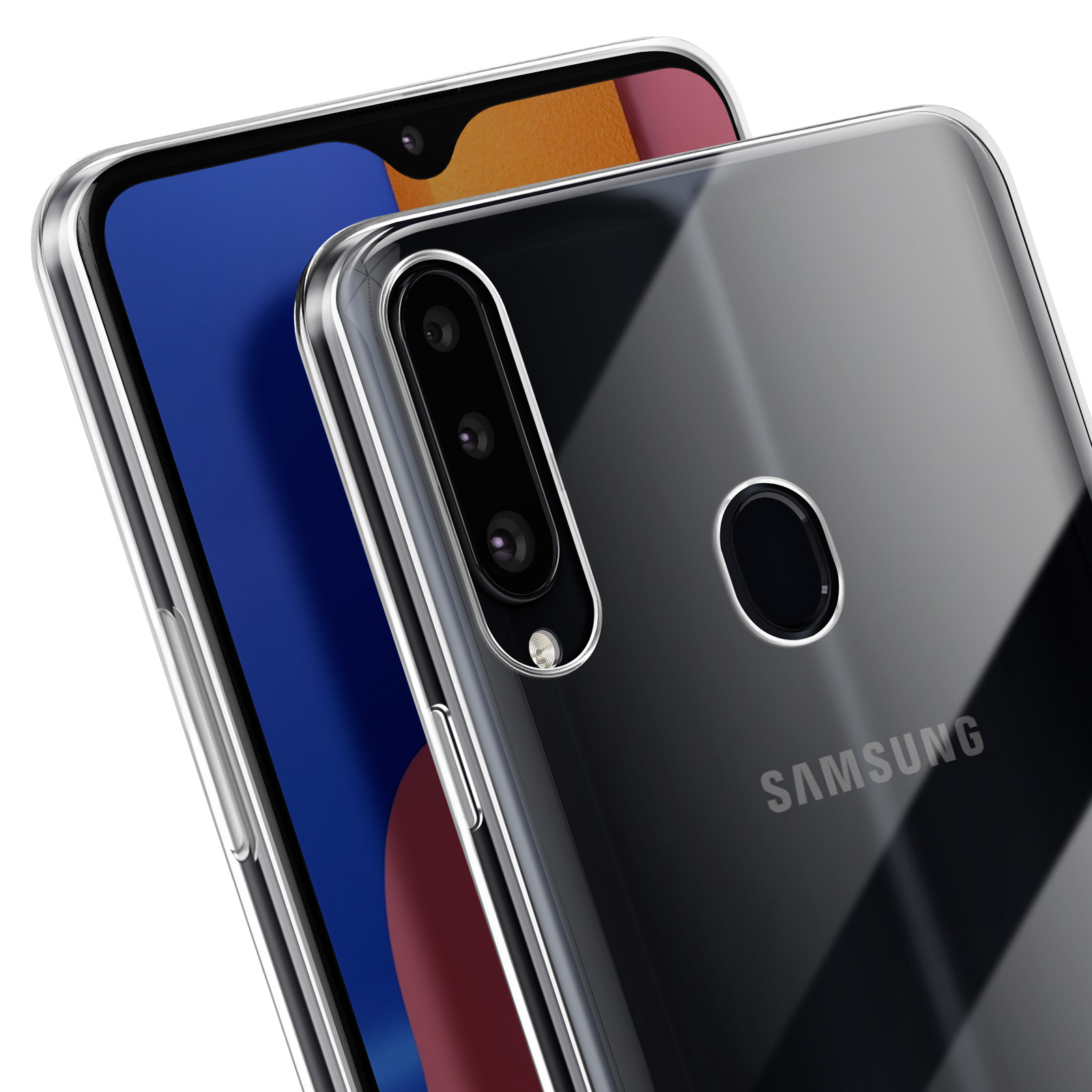 Telefono in una custodia trasparente. Il retro del telefono è visibile, con tre fotocamere e un logo Samsung.