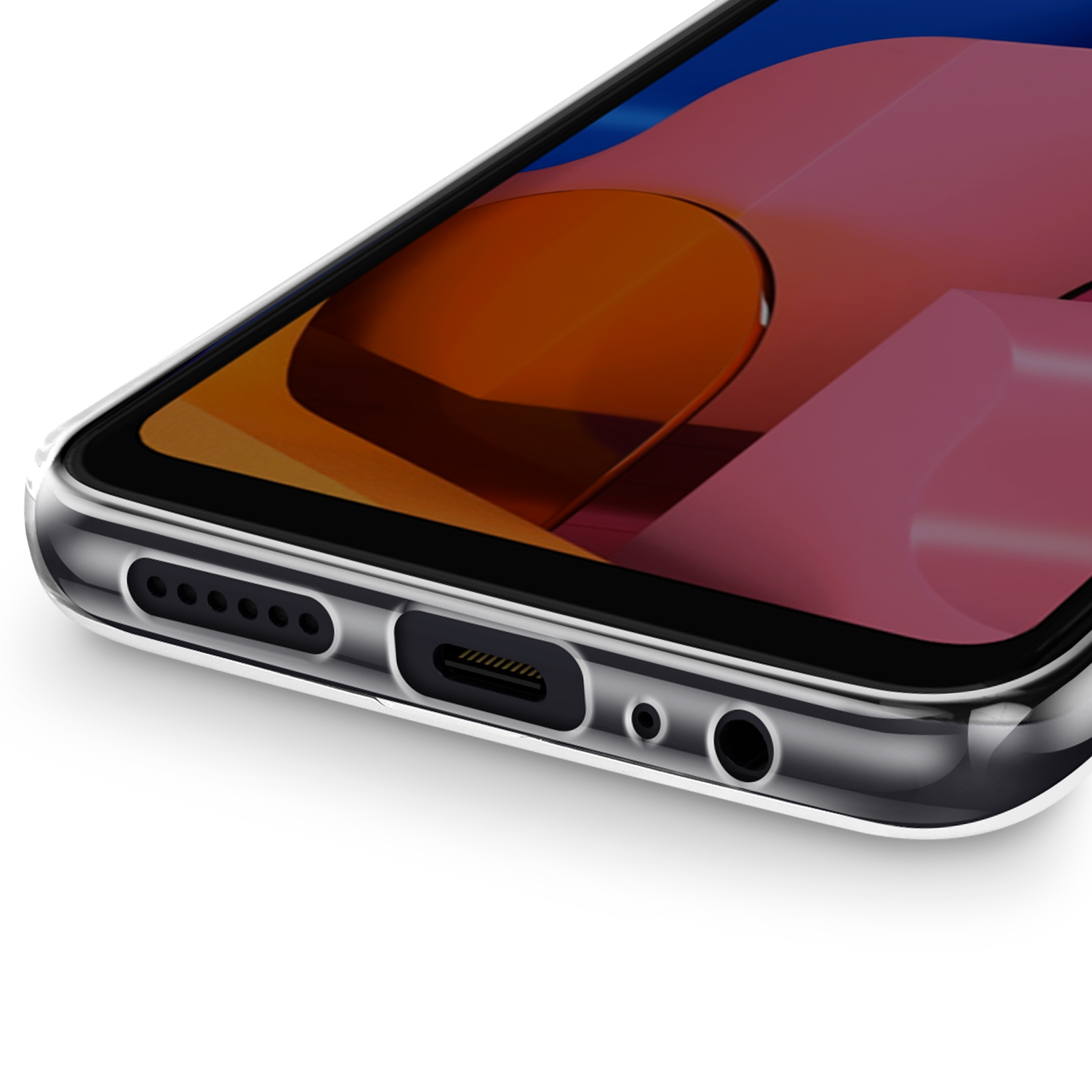 Una custodia trasparente per telefono che mostra la parte inferiore del telefono. Lo sfondo è rosso e rosa.