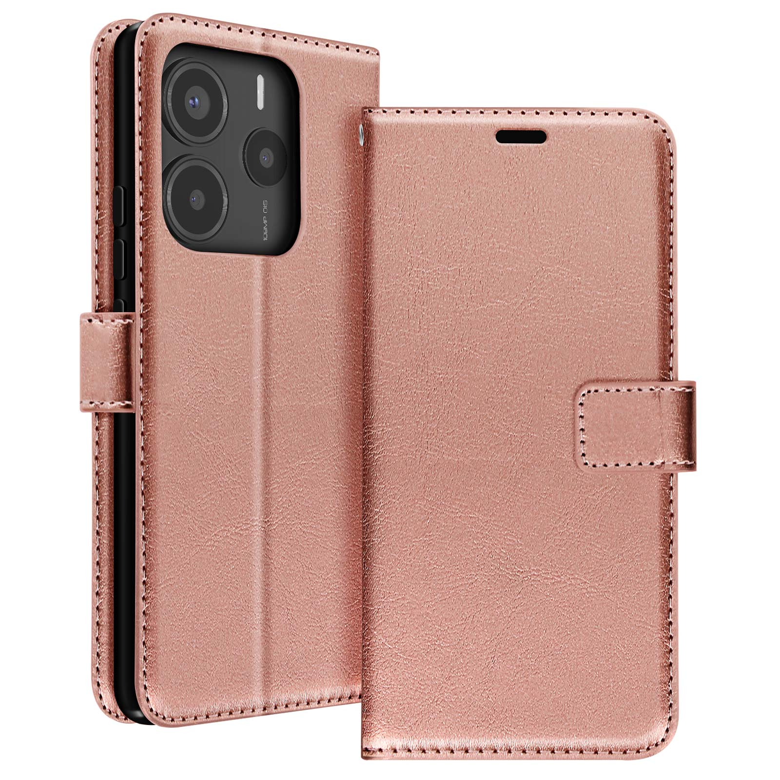 Custodia per telefono in pelle oro rosa, chiusa. Il telefono è all'interno. La custodia ha un bottone e un modulo fotocamera.