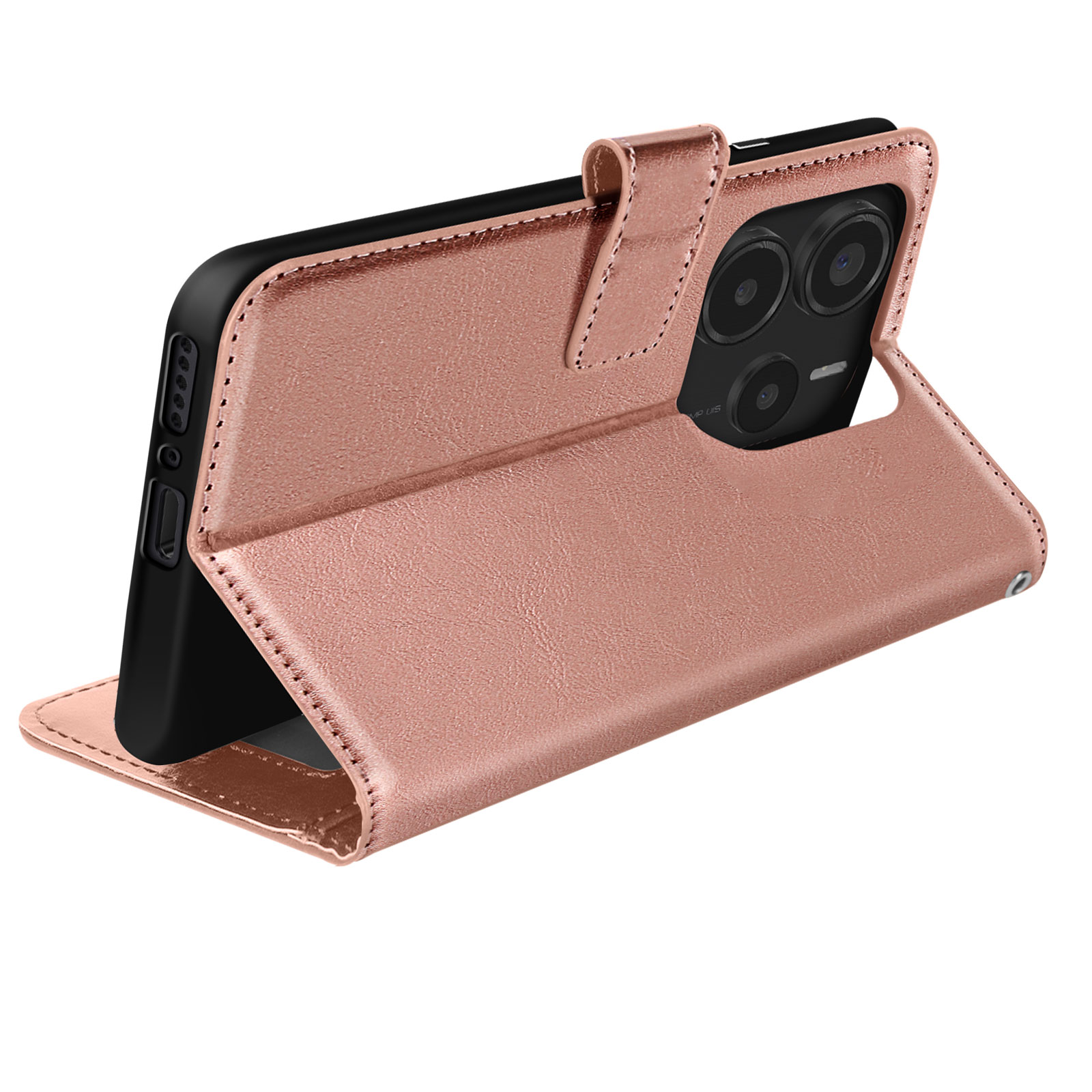 Una custodia per telefono oro rosa è aperta, con il telefono all'interno. La custodia è angolata.