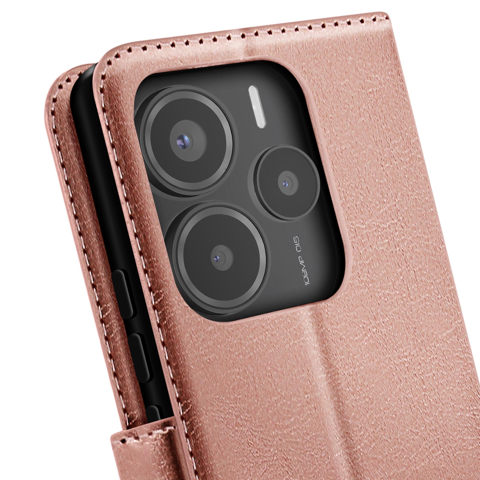 Custodia per telefono in pelle oro rosa aperta con il telefono dentro. È visibile un primo piano del modulo fotocamera.