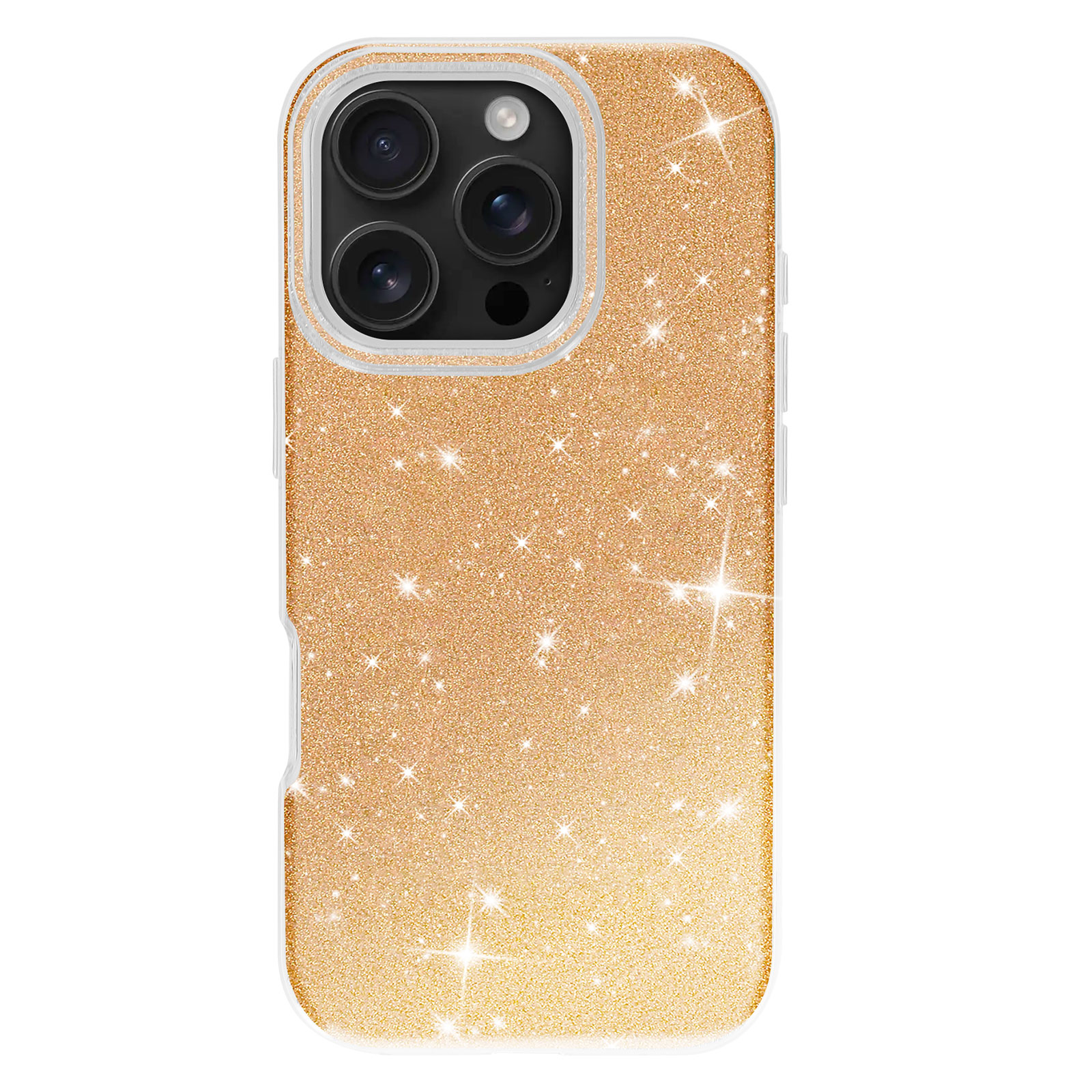 Goldene Glitzer-Handyhülle mit weißem Rand. Das Telefon hat ein Kameramodul mit Glitzer.