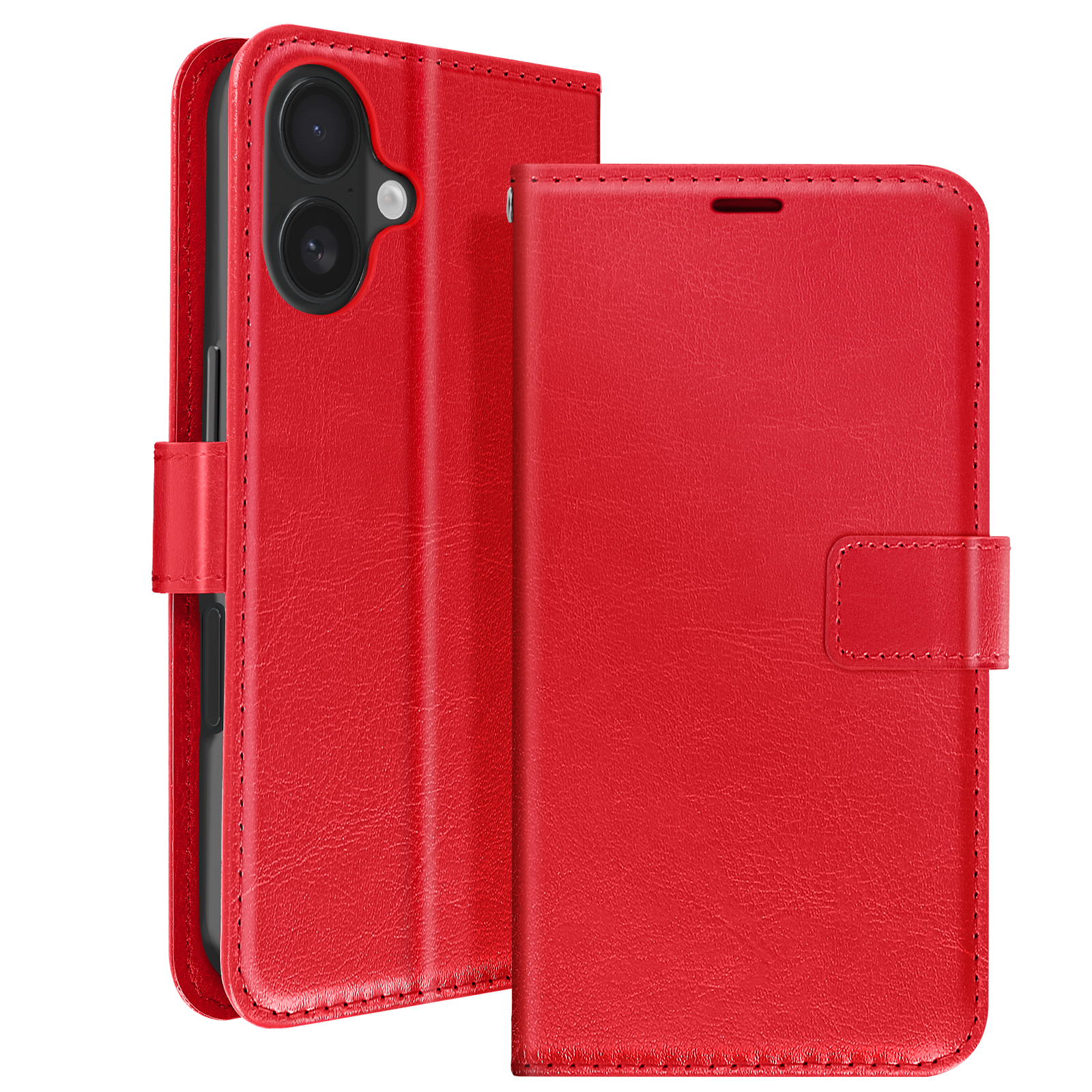 Custodia rossa per telefono, aperta. Mostra la fotocamera del telefono e l'interno.