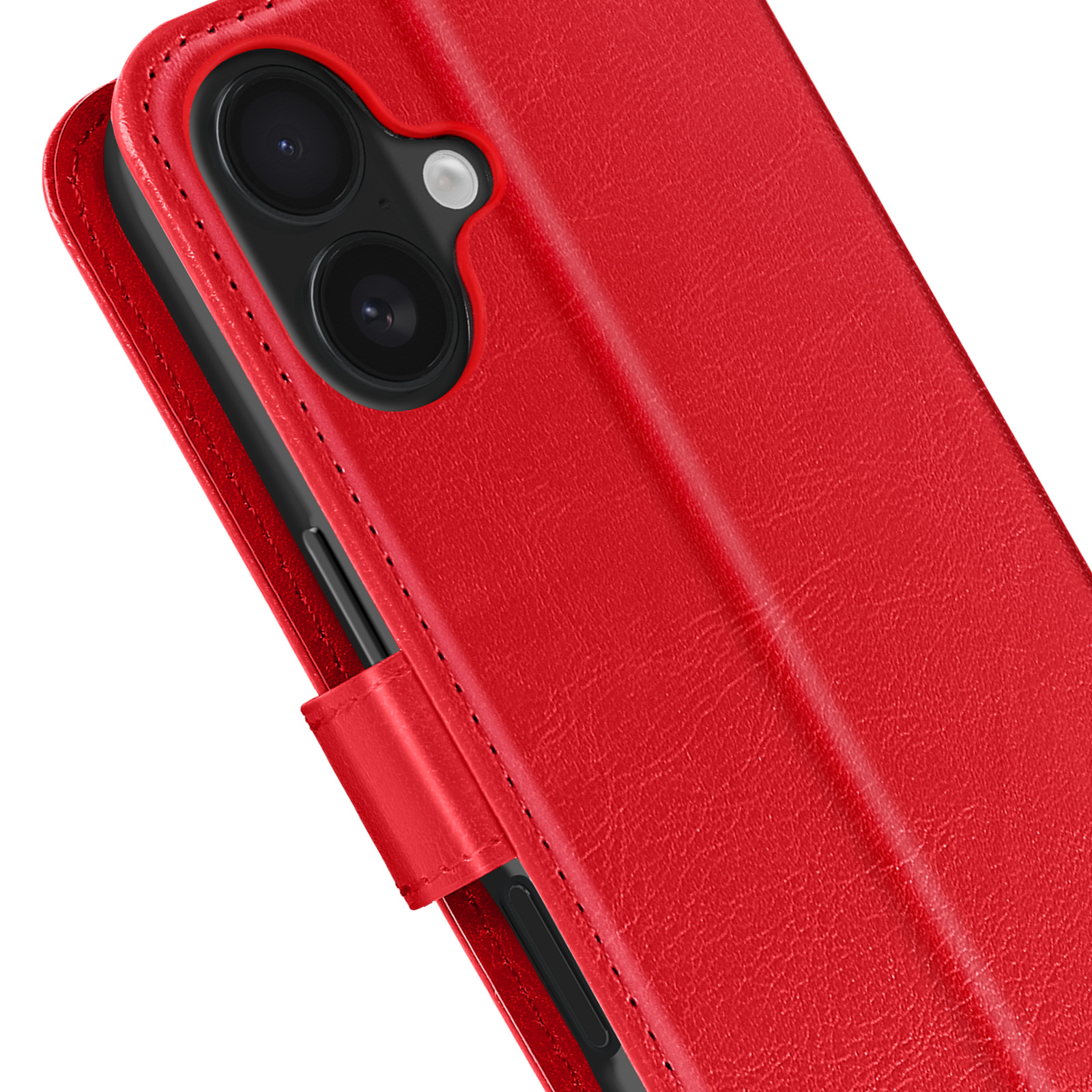 Custodia per telefono in pelle rossa, primo piano della fotocamera del telefono.