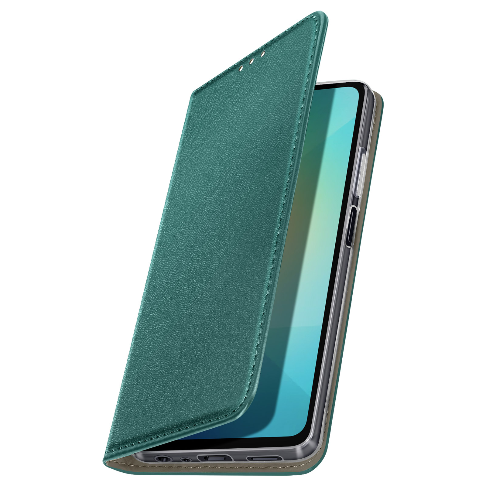 Custodia verde acqua per telefono, aperta. Mostra lo schermo e l'interno.