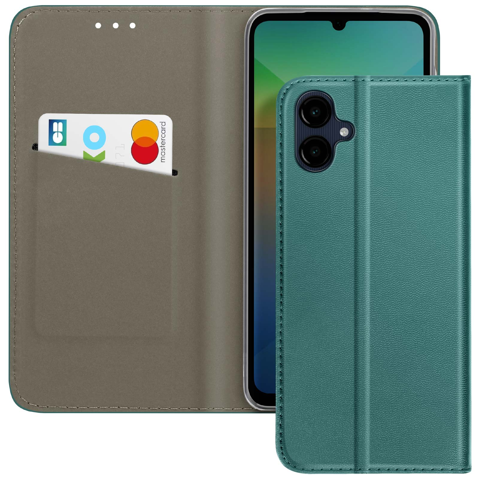 Custodia per telefono verde con porta carte e telefono all'interno.