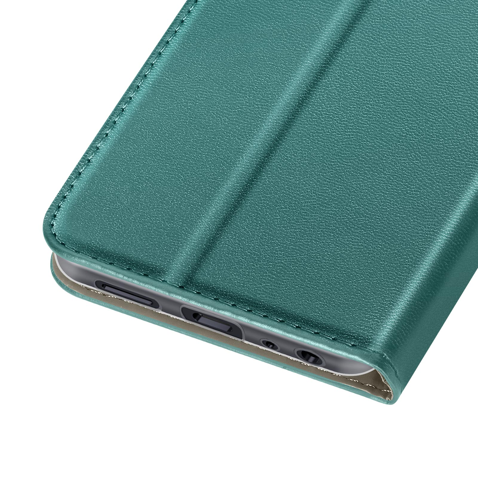 Primo piano del bordo inferiore della custodia verde acqua per telefono.