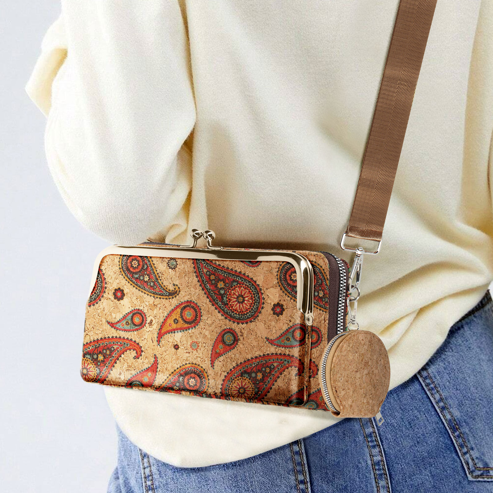 Brieftasche aus Kork mit Paisley-Design, Riemen und Münzbeutel.