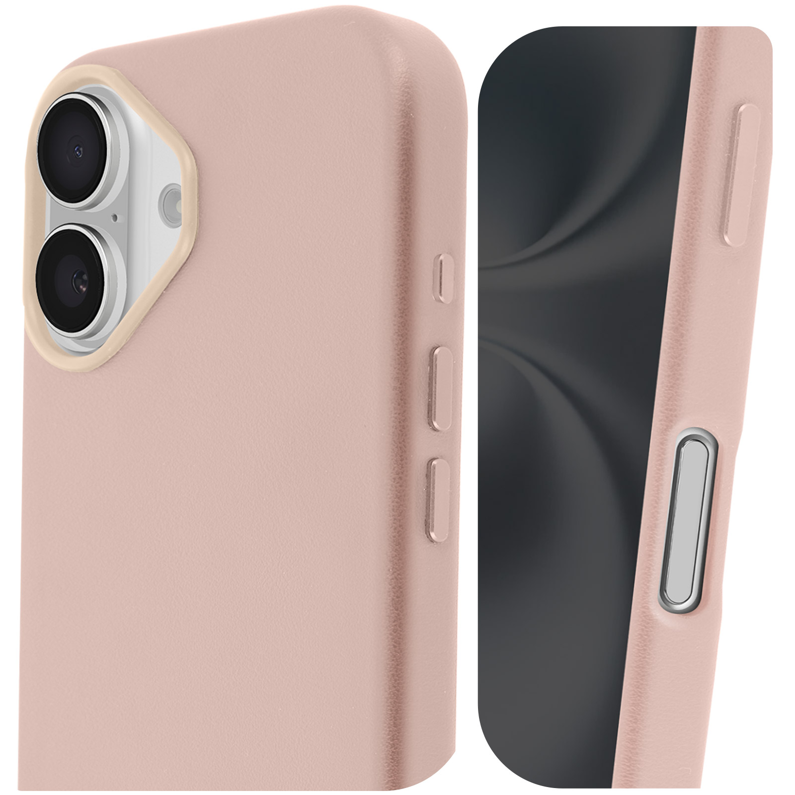 Custodia per telefono rosa, primo piano del lato con i pulsanti.
