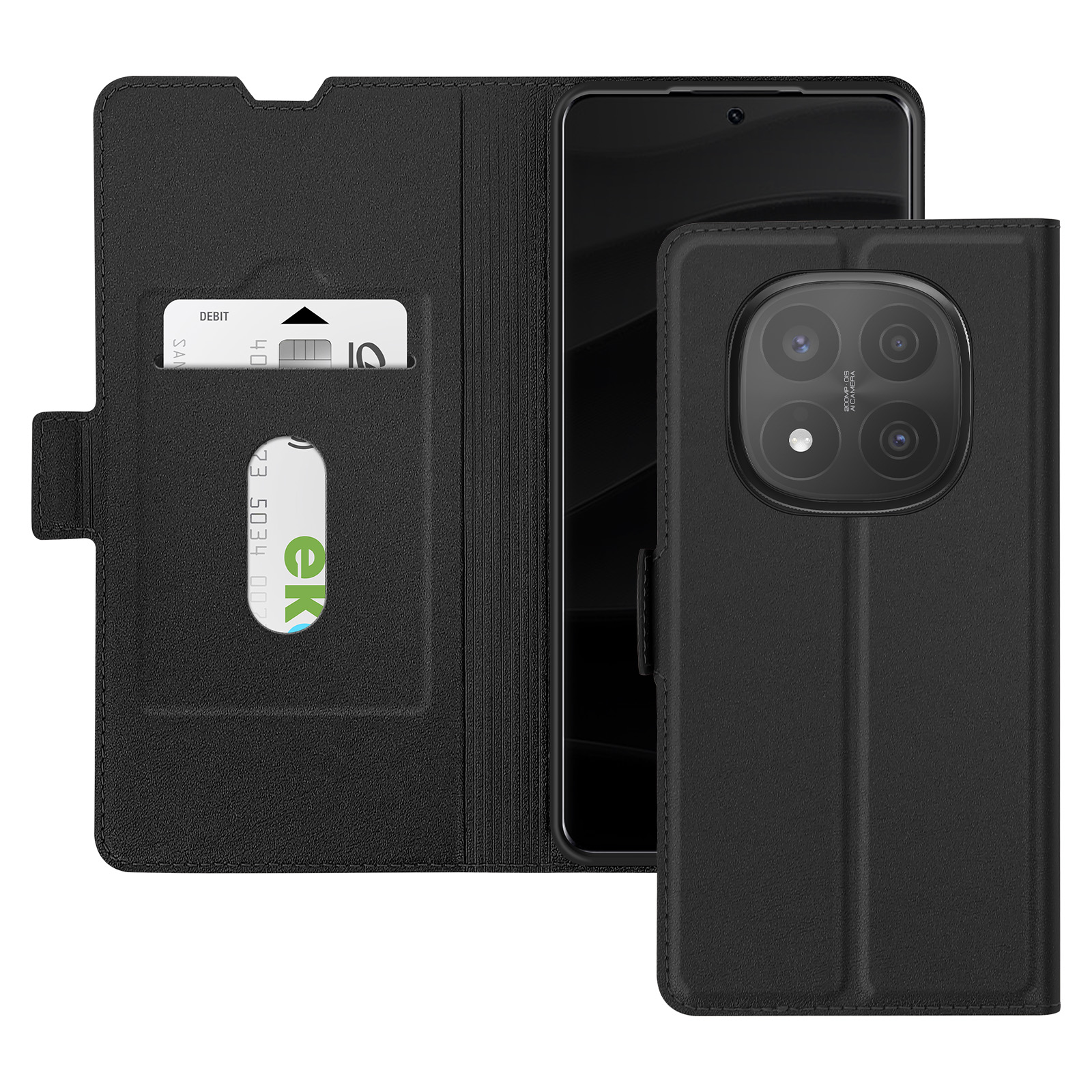 Custodia nera per telefono aperta. Il lato sinistro ha fessure per carte. Un telefono è sul lato destro.