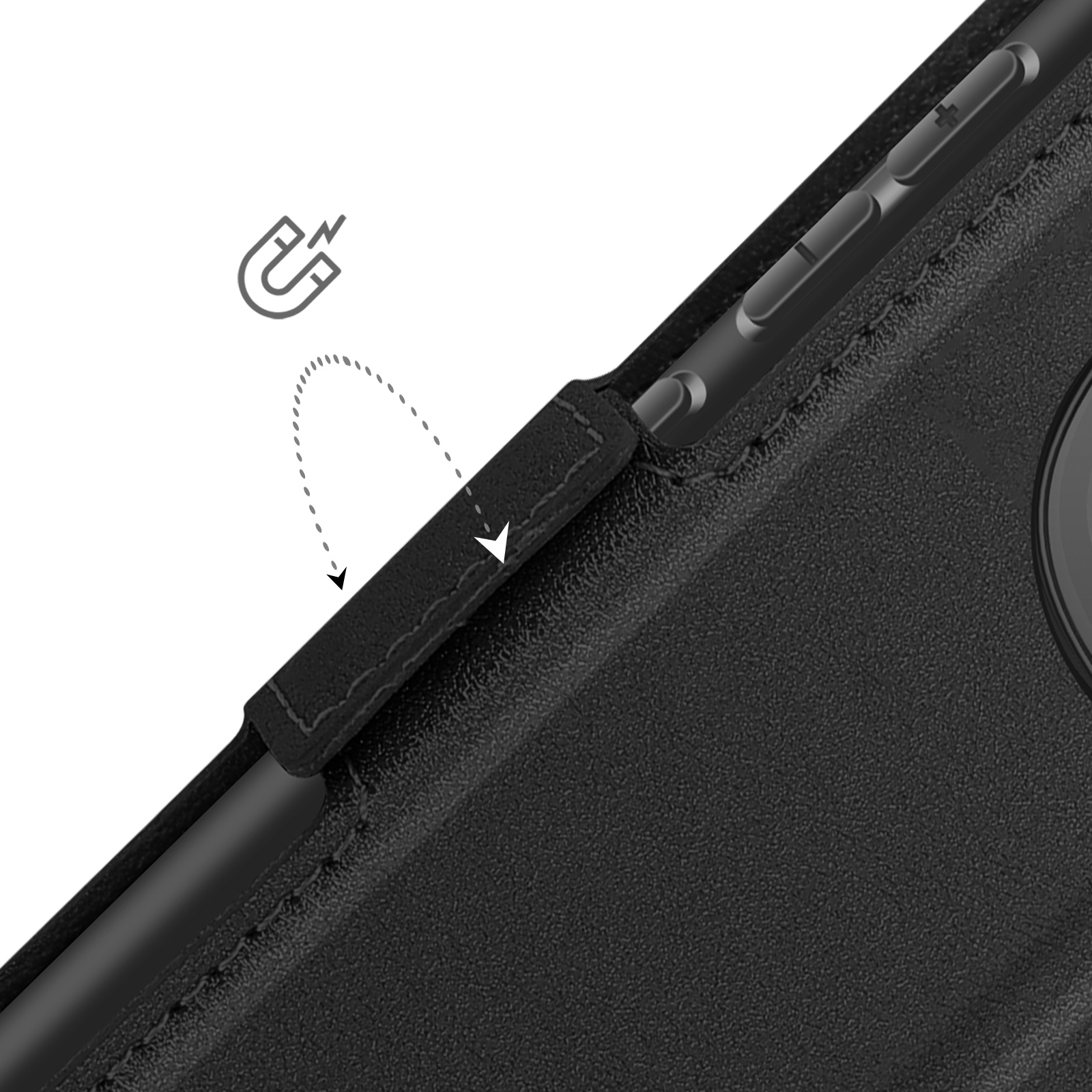 Custodia per telefono nera con clip magnetica.