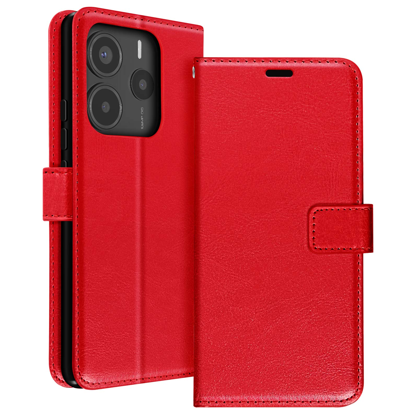 Custodia rossa per telefono, aperta. Mostra la fotocamera del telefono e l'interno.