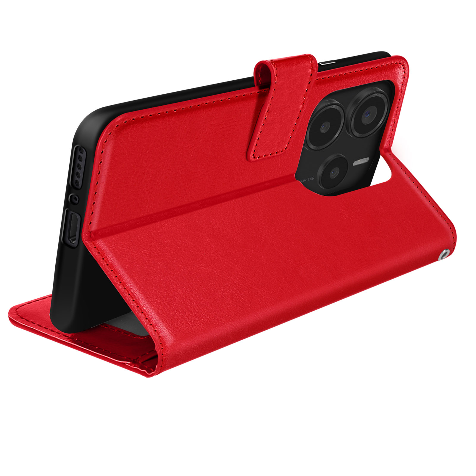 Custodia rossa per telefono aperta. Uno smartphone nero è all'interno. La custodia ha una chiusura magnetica.