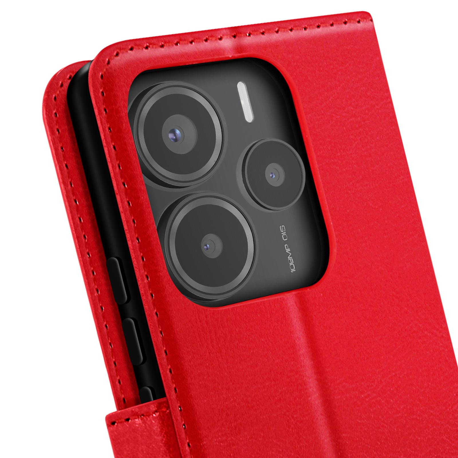 Primo piano di una custodia rossa per telefono. Uno smartphone nero è all'interno. La custodia ha cuciture.