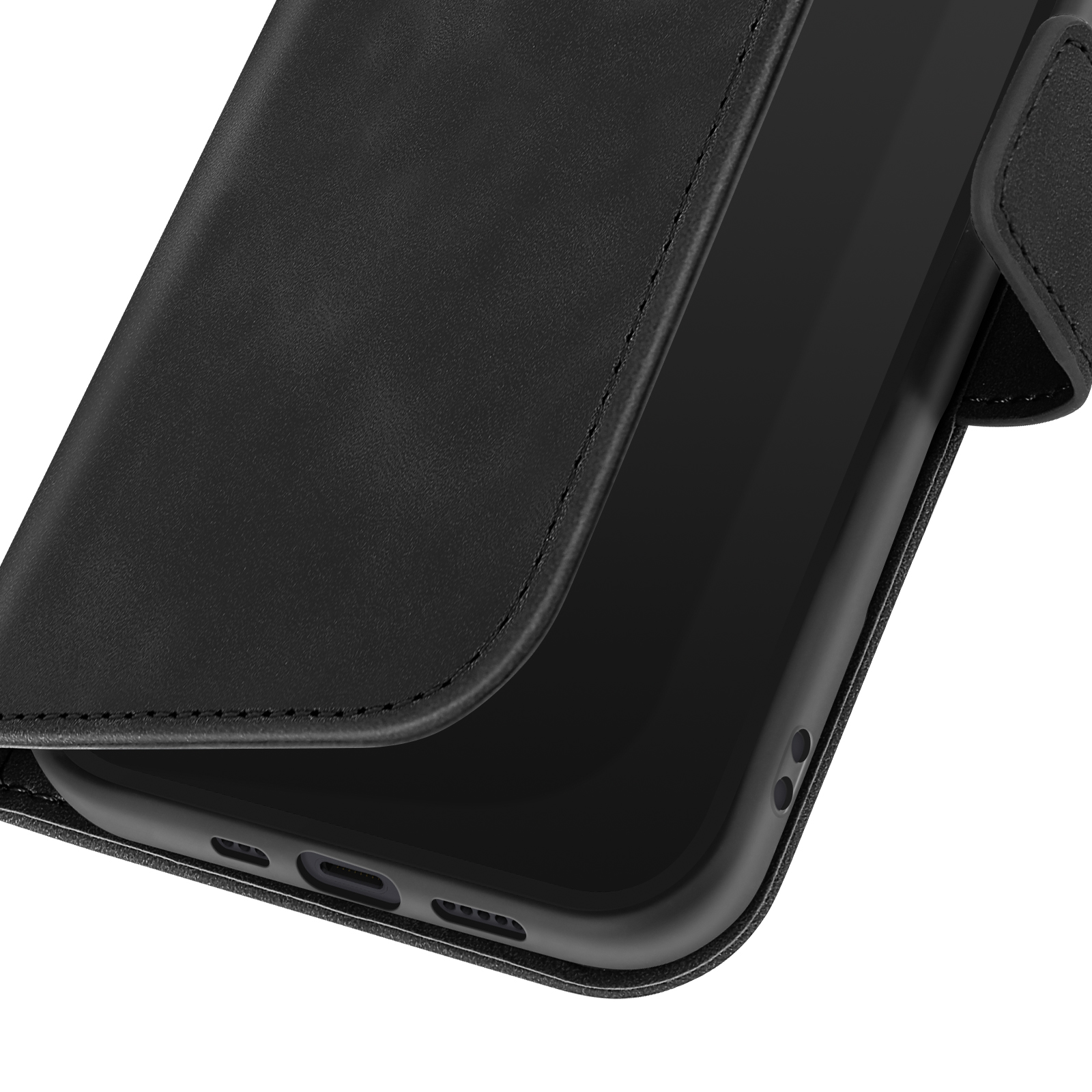 Primo piano di una custodia nera per telefono aperta.