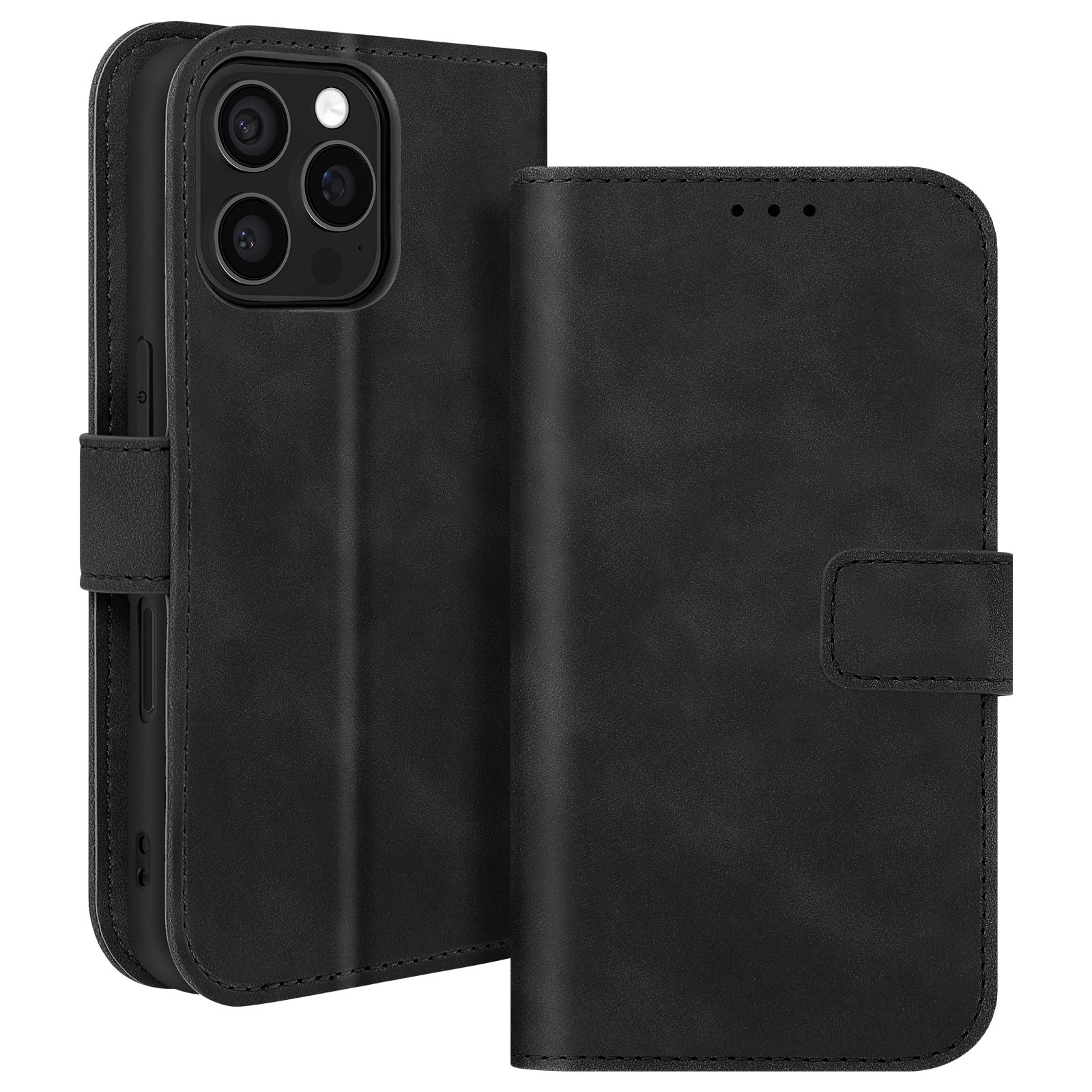 Custodia per telefono in pelle nera, aperta. Telefono a sinistra, fessure per carte e chiusura a destra.