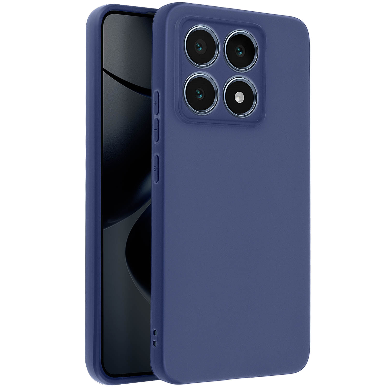 Custodia per telefono blu navy, vista laterale. Quattro obiettivi della fotocamera visibili. Tasti laterali del telefono.