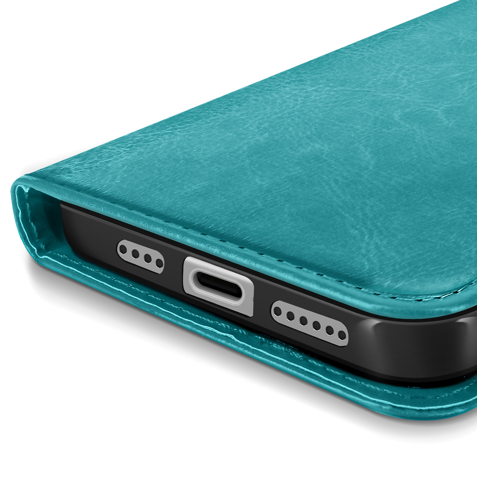 Custodia per telefono turchese, primo piano. Bordo inferiore del telefono nero visibile. Dettagli porte e fori.