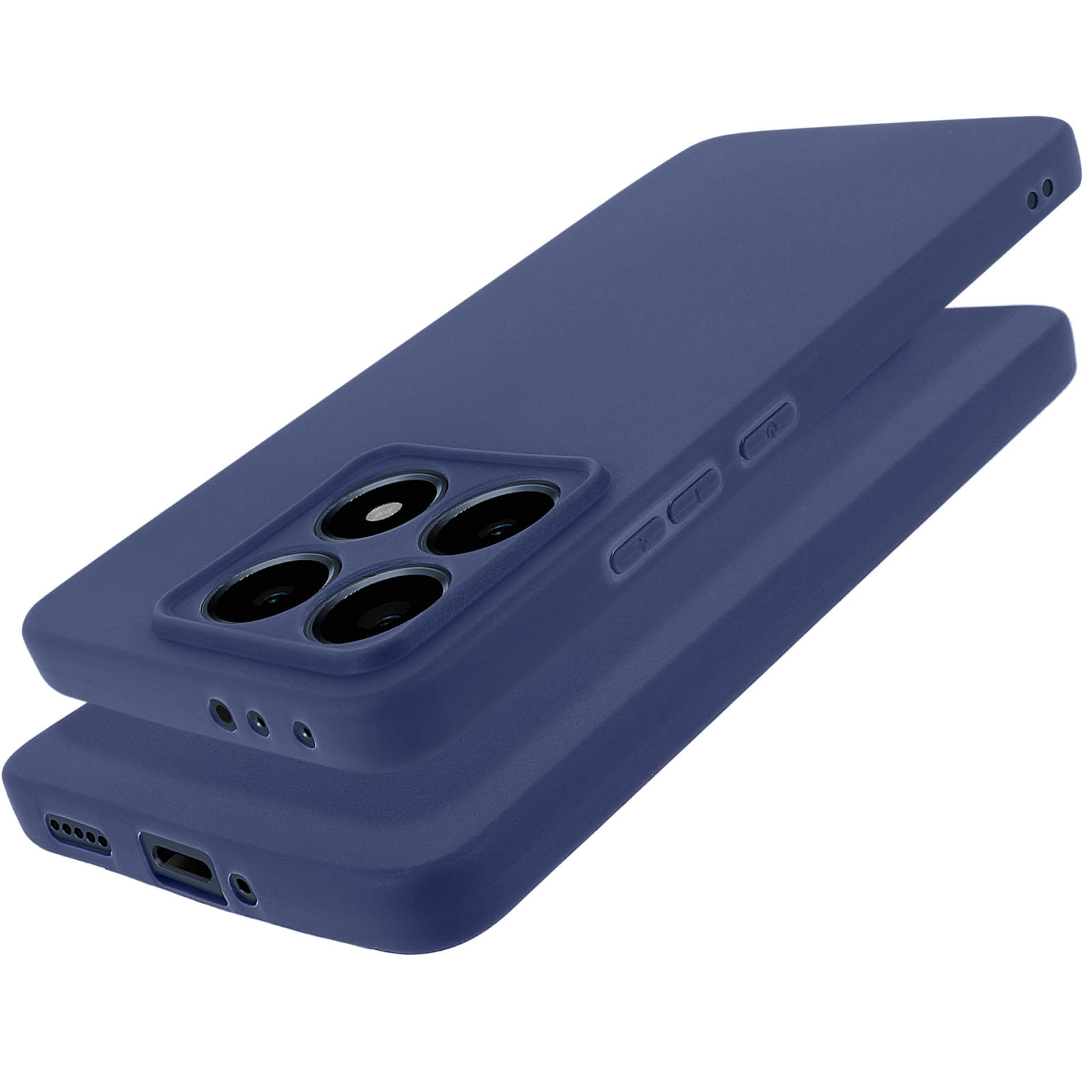 Due custodie per telefono blu navy. Una sopra l'altra, che mostra la fotocamera e i pulsanti laterali.