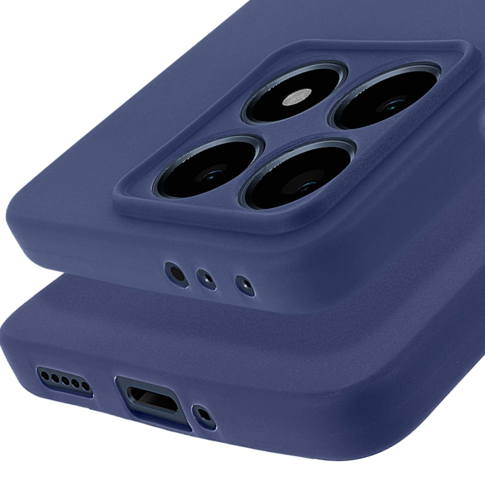 Custodia per telefono blu navy. Obiettivi e porte visibili. La custodia è sopra un'altra.