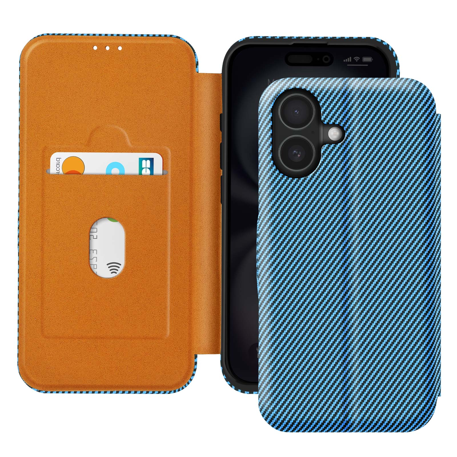 Custodia del telefono aperta con una carta e un telefono con motivo denim blu.
