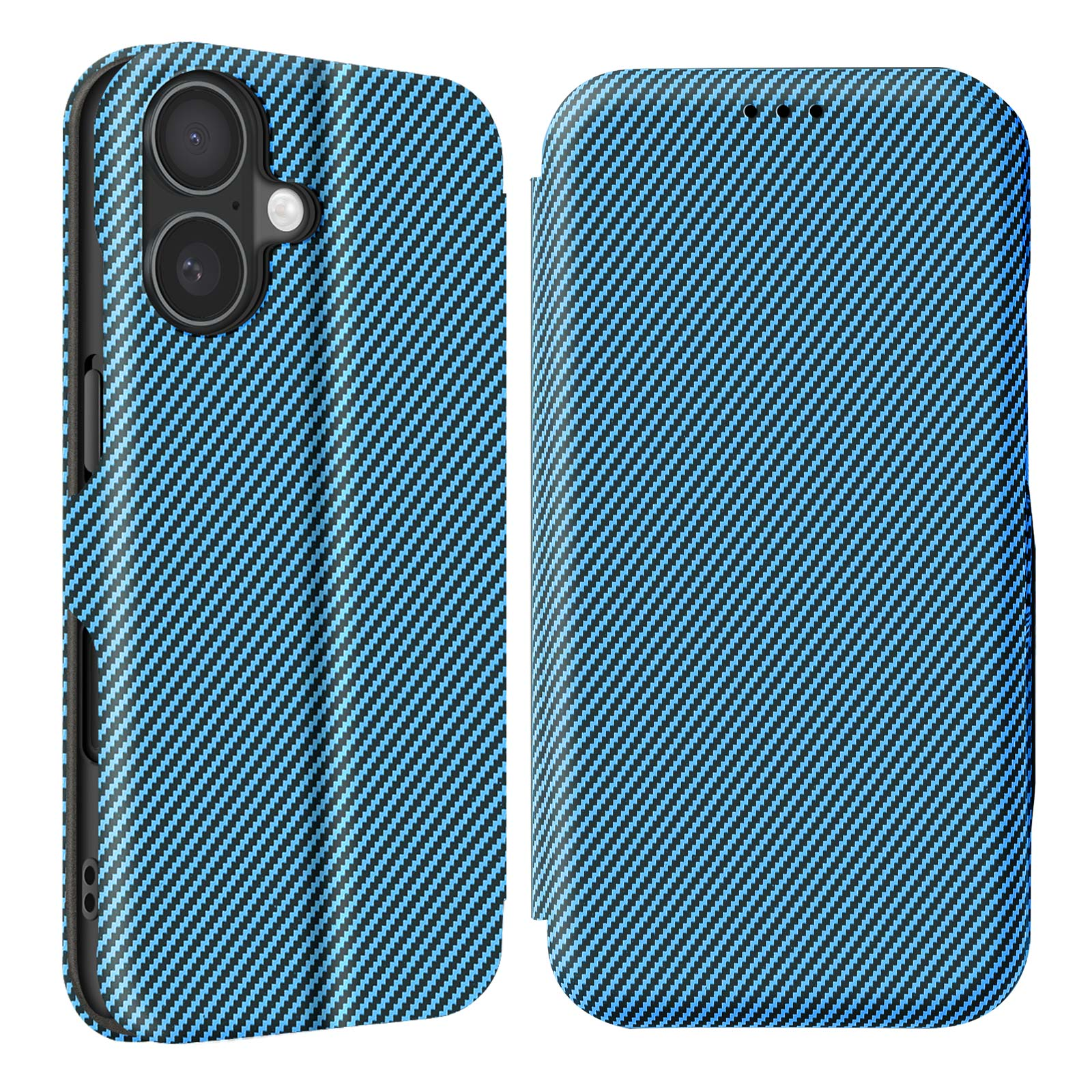 Custodia per telefono blu con motivo diagonale. Aperto, che mostra il telefono e la fotocamera.