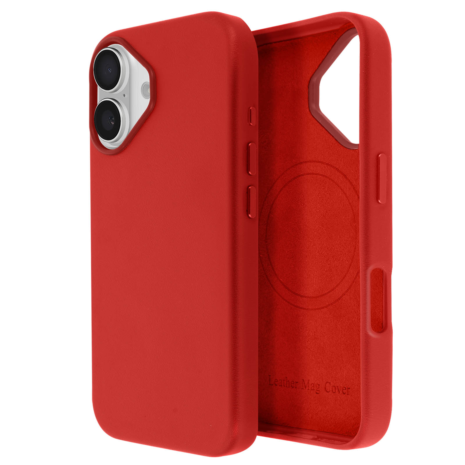 Custodia rossa con coperchio magnetico, che mostra MagSafe all'interno.