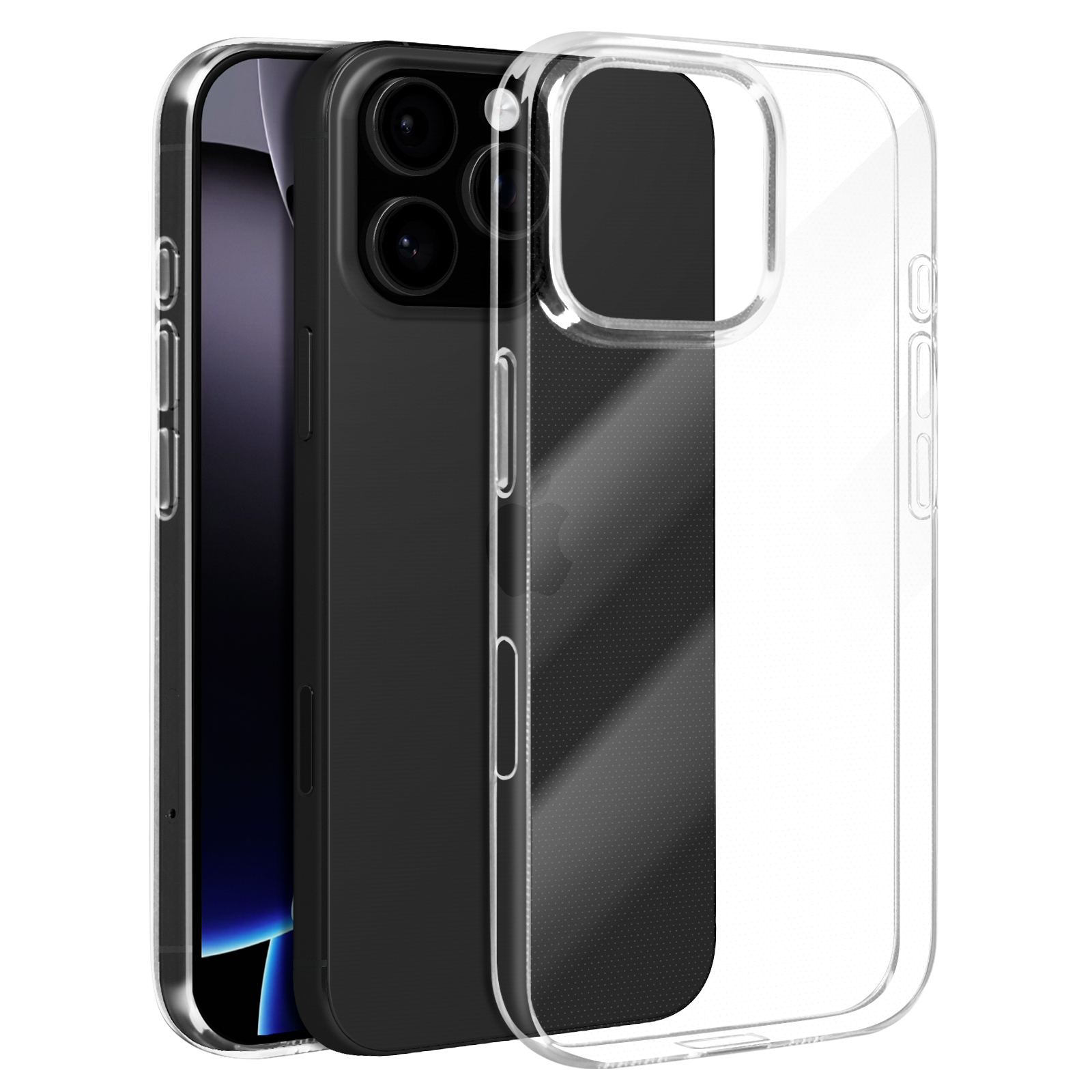 Telefono nero in custodia trasparente con pulsanti laterali visibili.