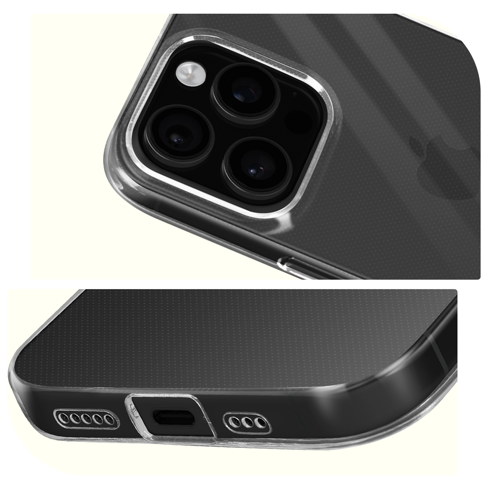 Primo piano di una custodia per telefono con un telefono. La fotocamera del telefono e la custodia sono visibili.