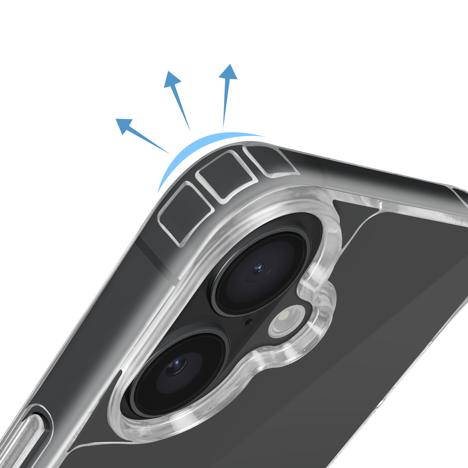 Primo piano della fotocamera di un telefono con frecce. Il telefono è in una custodia trasparente.