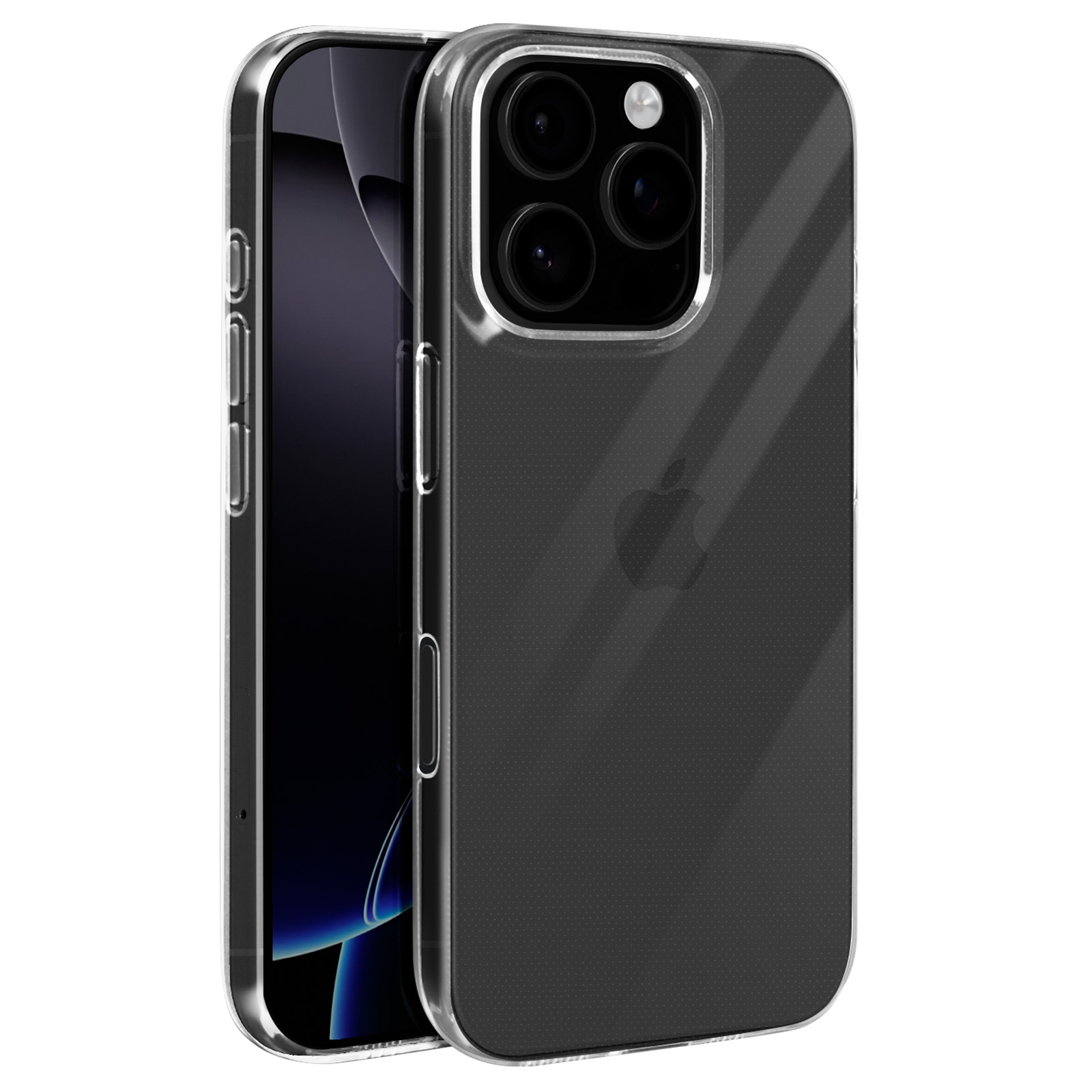Telefono con custodia trasparente. Il telefono ha lenti della fotocamera e il logo Apple sul retro.