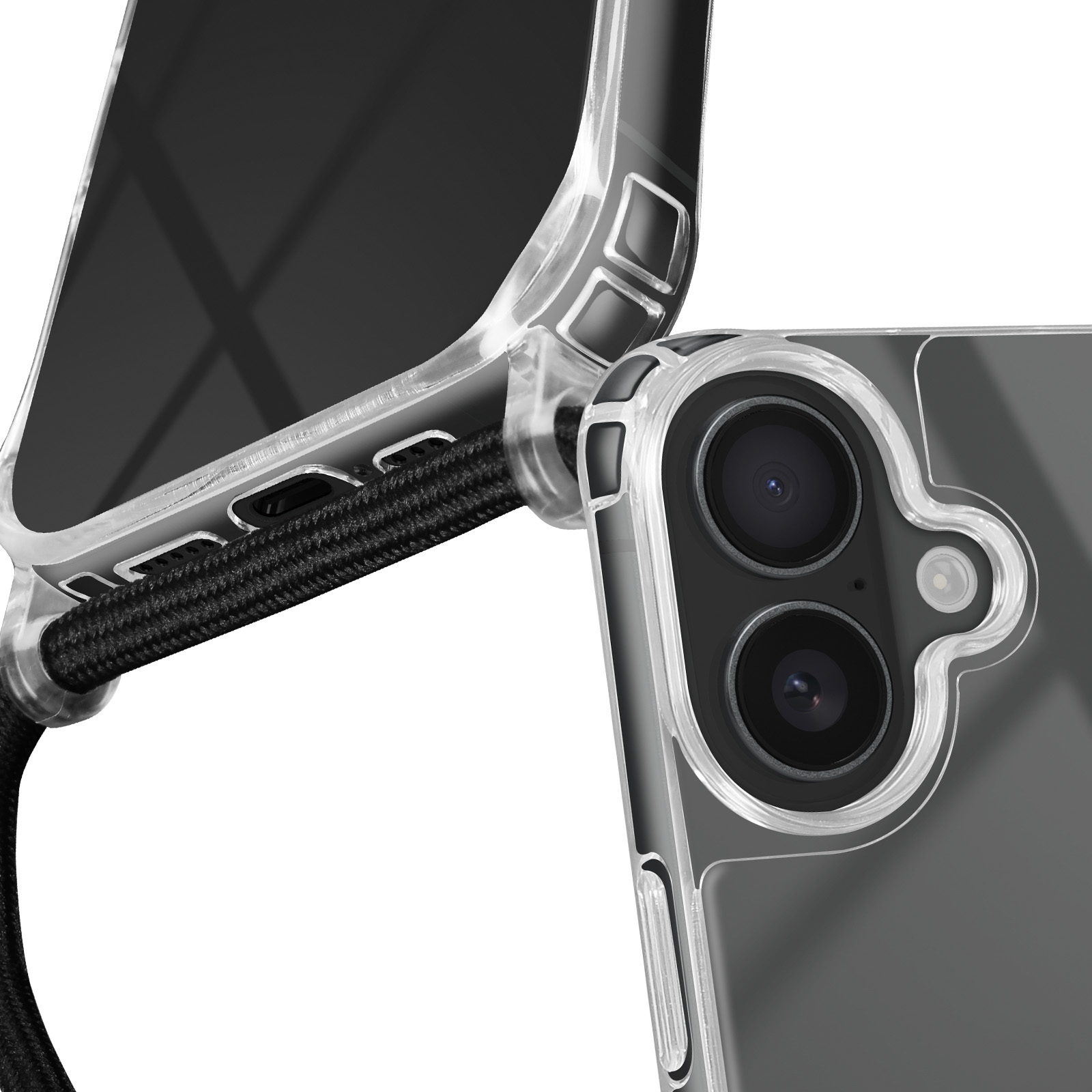 Primo piano della fotocamera di un telefono con un cordino. Il telefono è in una custodia trasparente.