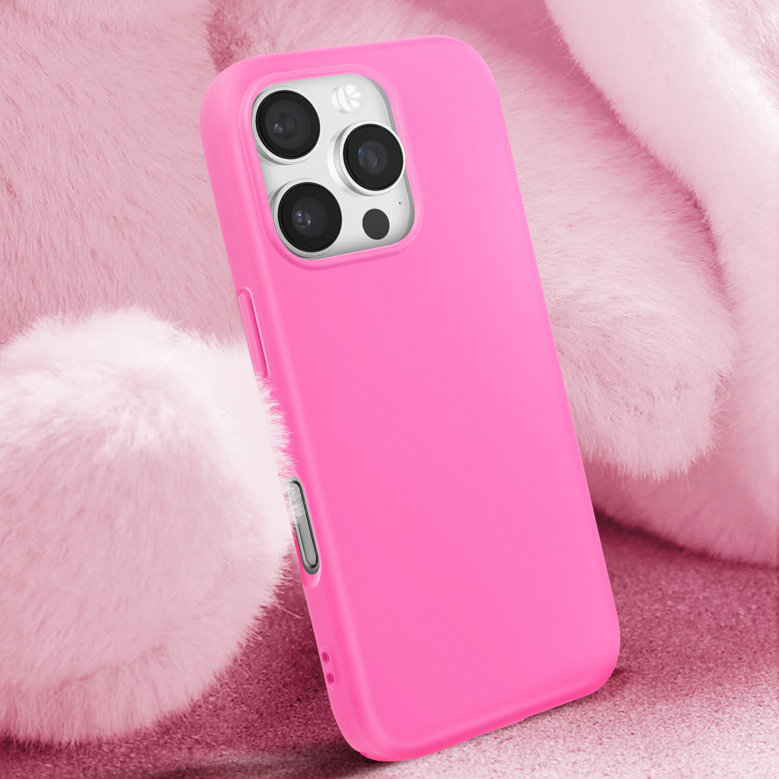 Custodia rosa per telefono con lenti della fotocamera, su sfondo rosa.