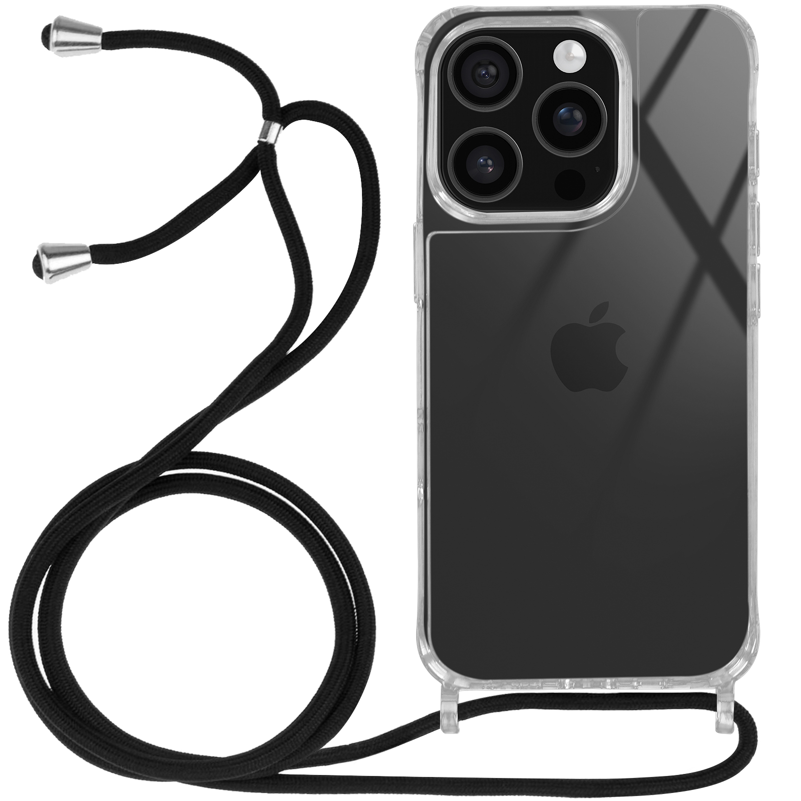 Custodia trasparente con cordino nero, logo Apple visibile.