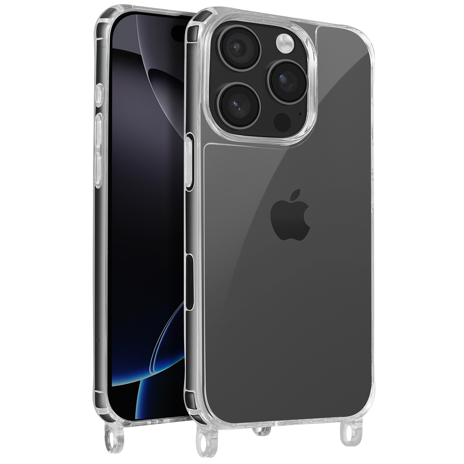 Custodia trasparente con telefono nero, logo Apple e fori.