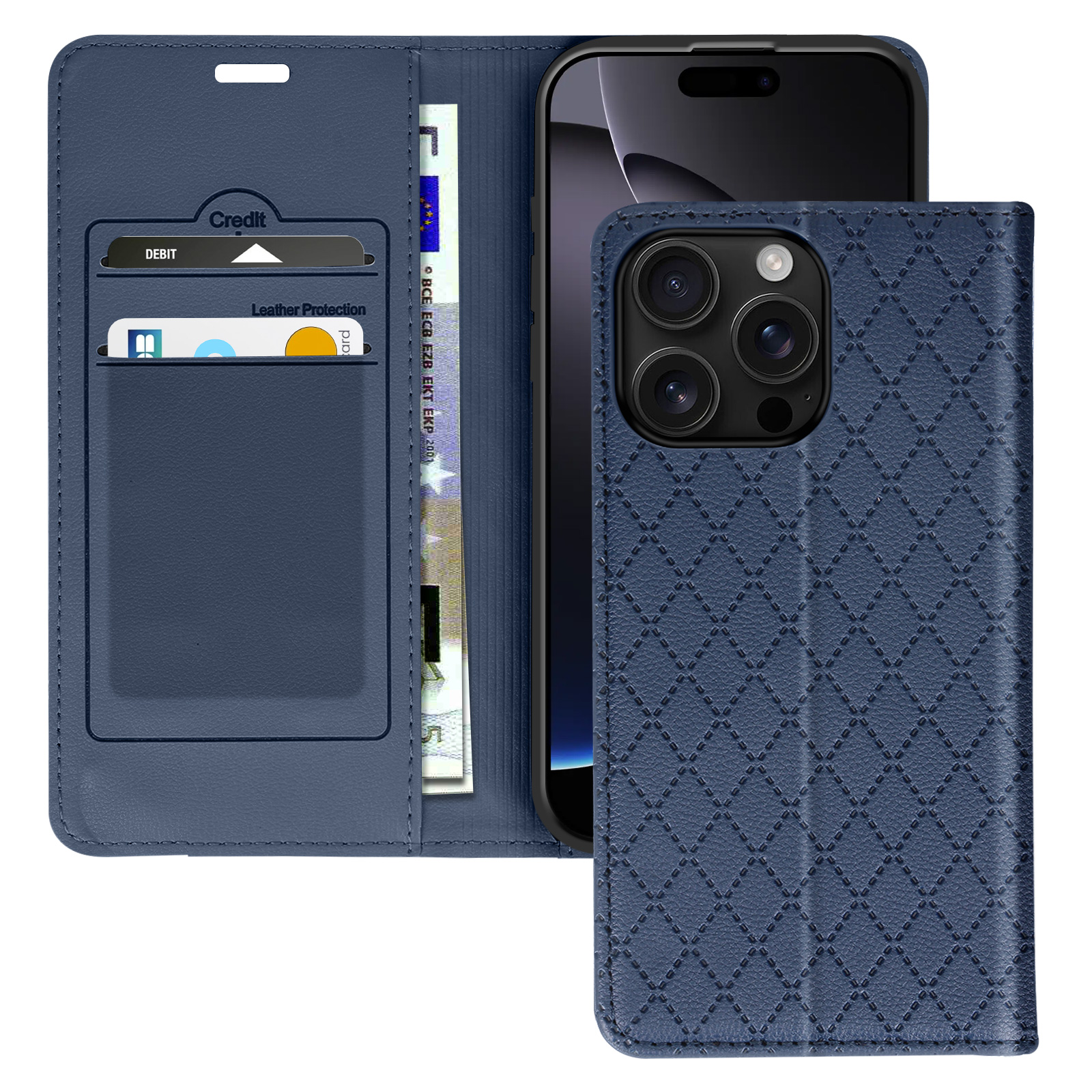 Custodia blu aperta con carte, denaro e telefono all'interno.