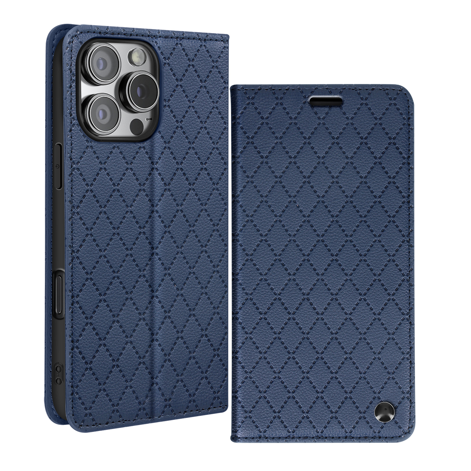 Custodia blu per telefono chiusa. Mostra un motivo a diamante con fotocamere del telefono.