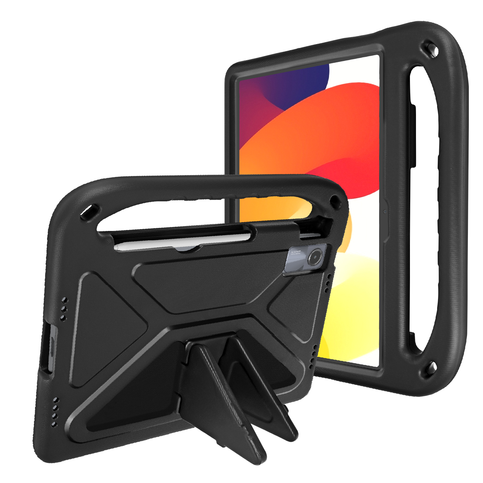 Custodia per tablet nera con maniglia e supporto, che mostra un tablet.