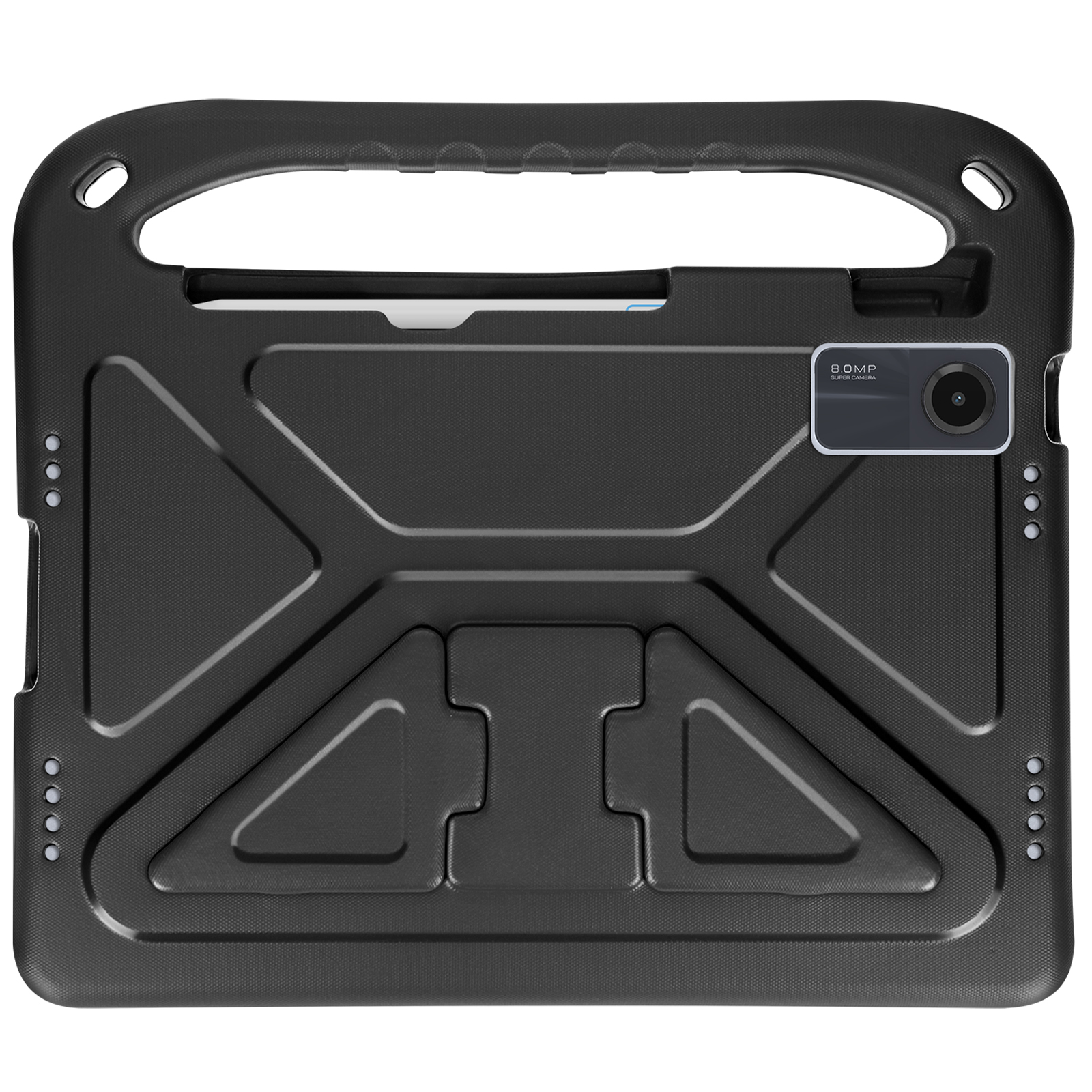 Custodia nera per tablet con maniglia, fotocamera e fori, su sfondo bianco e giallo.