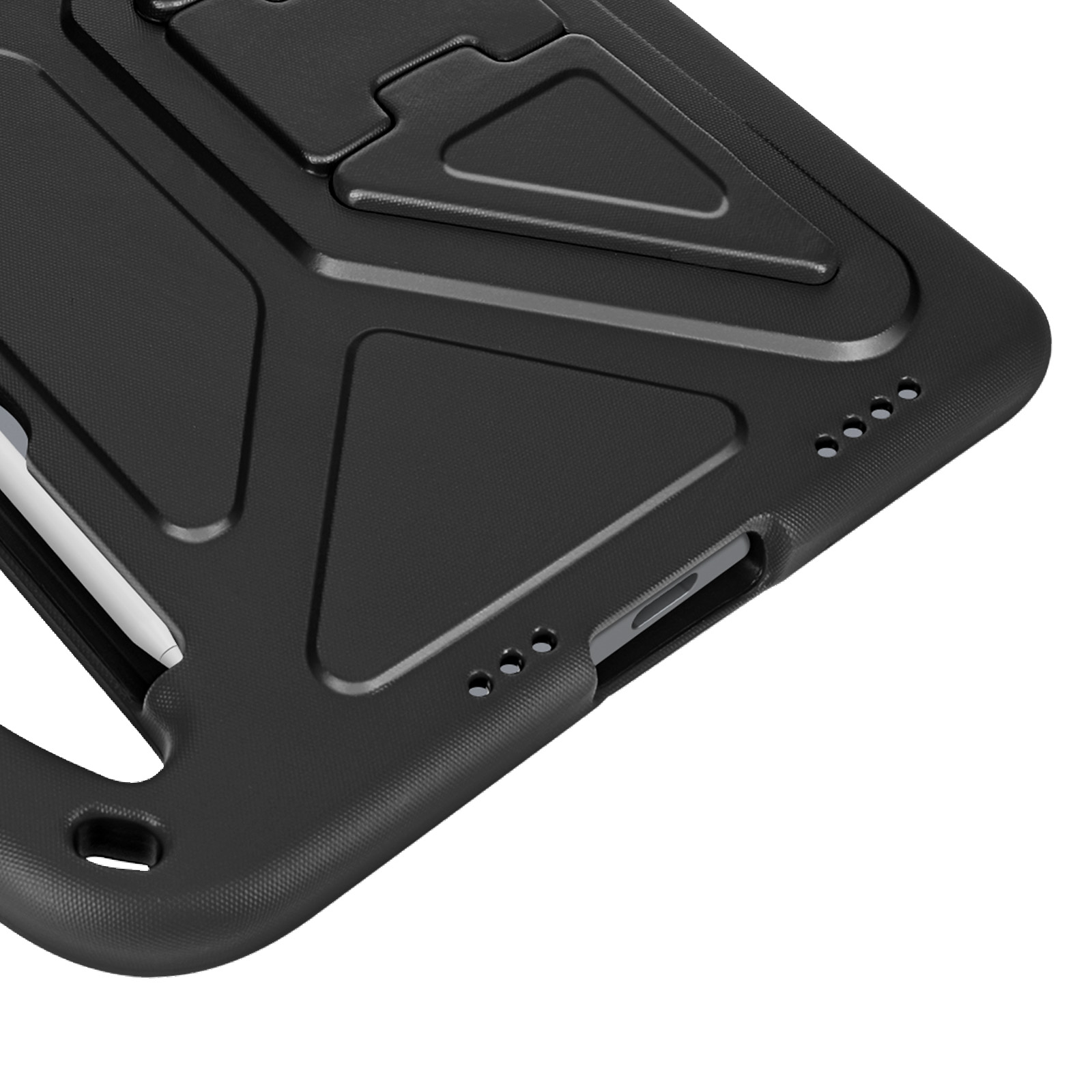 Custodia nera per tablet con supporto, vista angolata. La custodia ha superficie strutturata e ritagli.