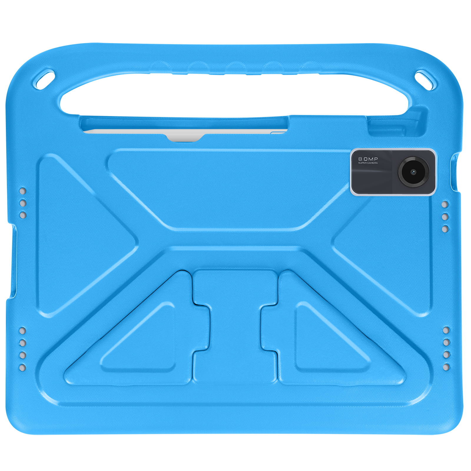 Custodia blu per tablet con maniglia, fotocamera e ritagli per i pulsanti.