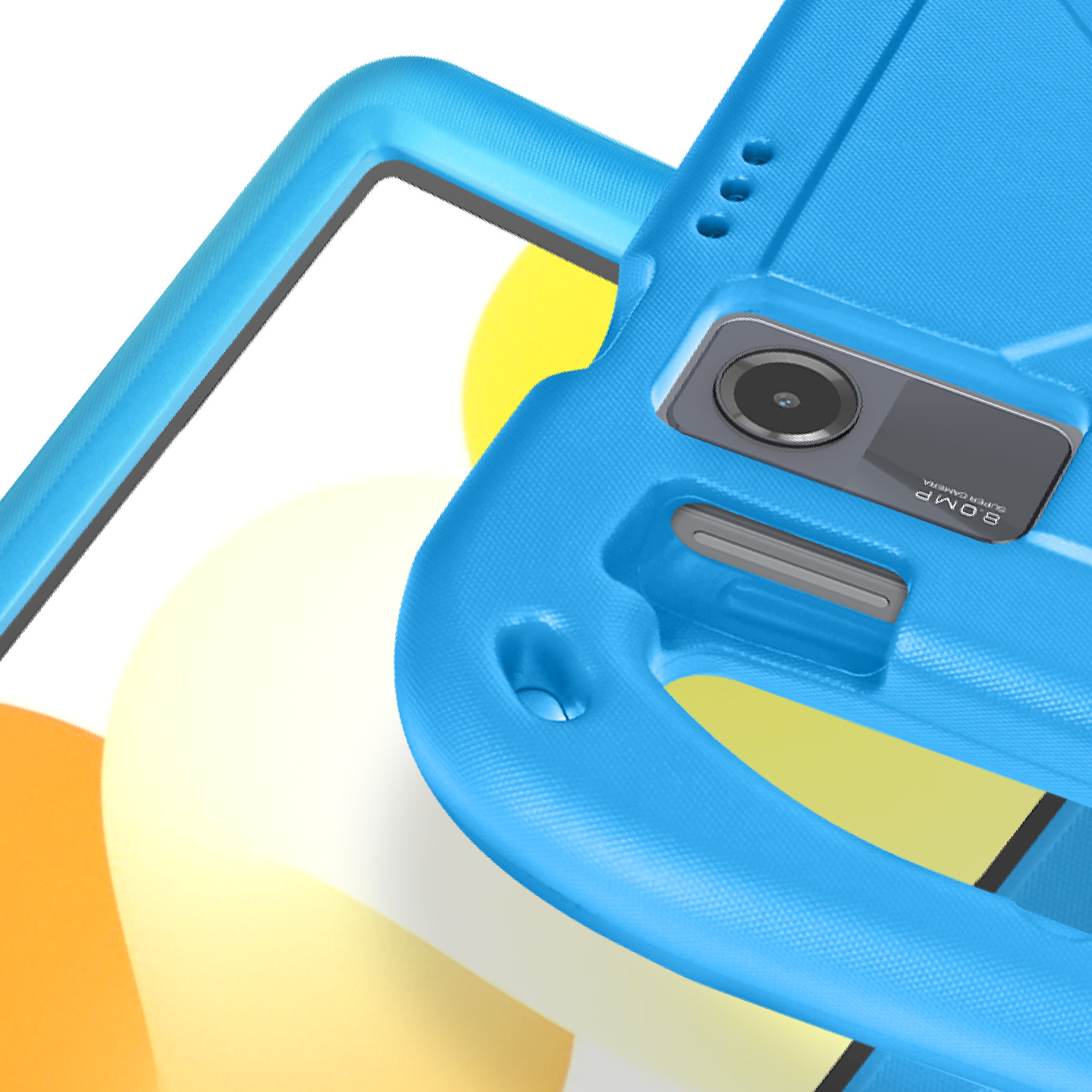 Custodia blu per tablet. La fotocamera è visibile. Il testo 8.0MP SUPER CAMERA è scritto sotto.