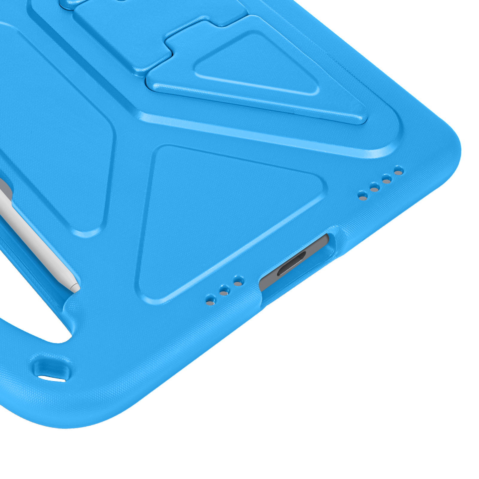 Custodia blu per tablet con ritagli per porte e stilo. Vista angolata.