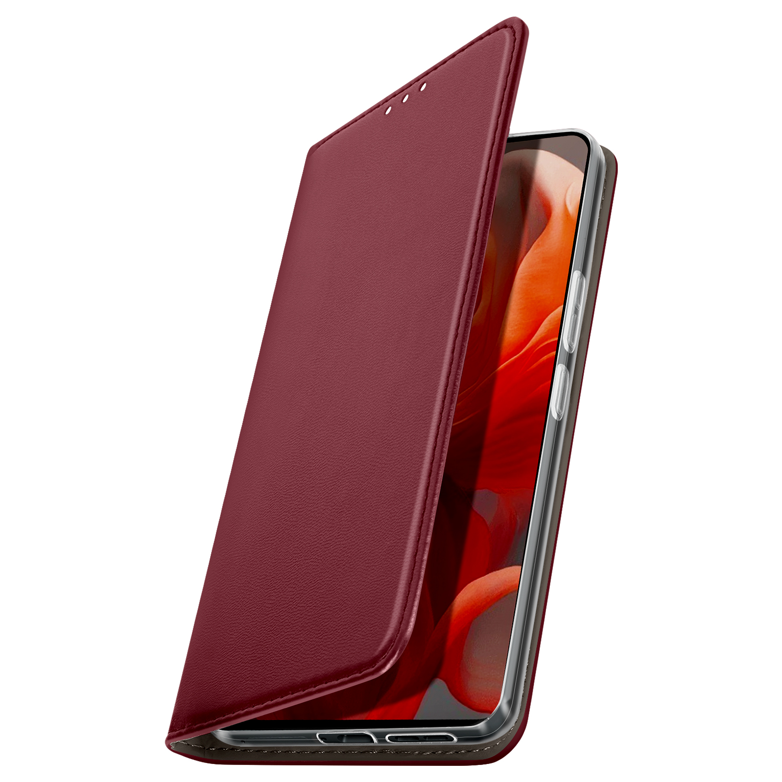 Custodia bordeaux aperta, che rivela lo schermo del telefono. Il telefono è visibile. Cucitura cucita sul bordo.