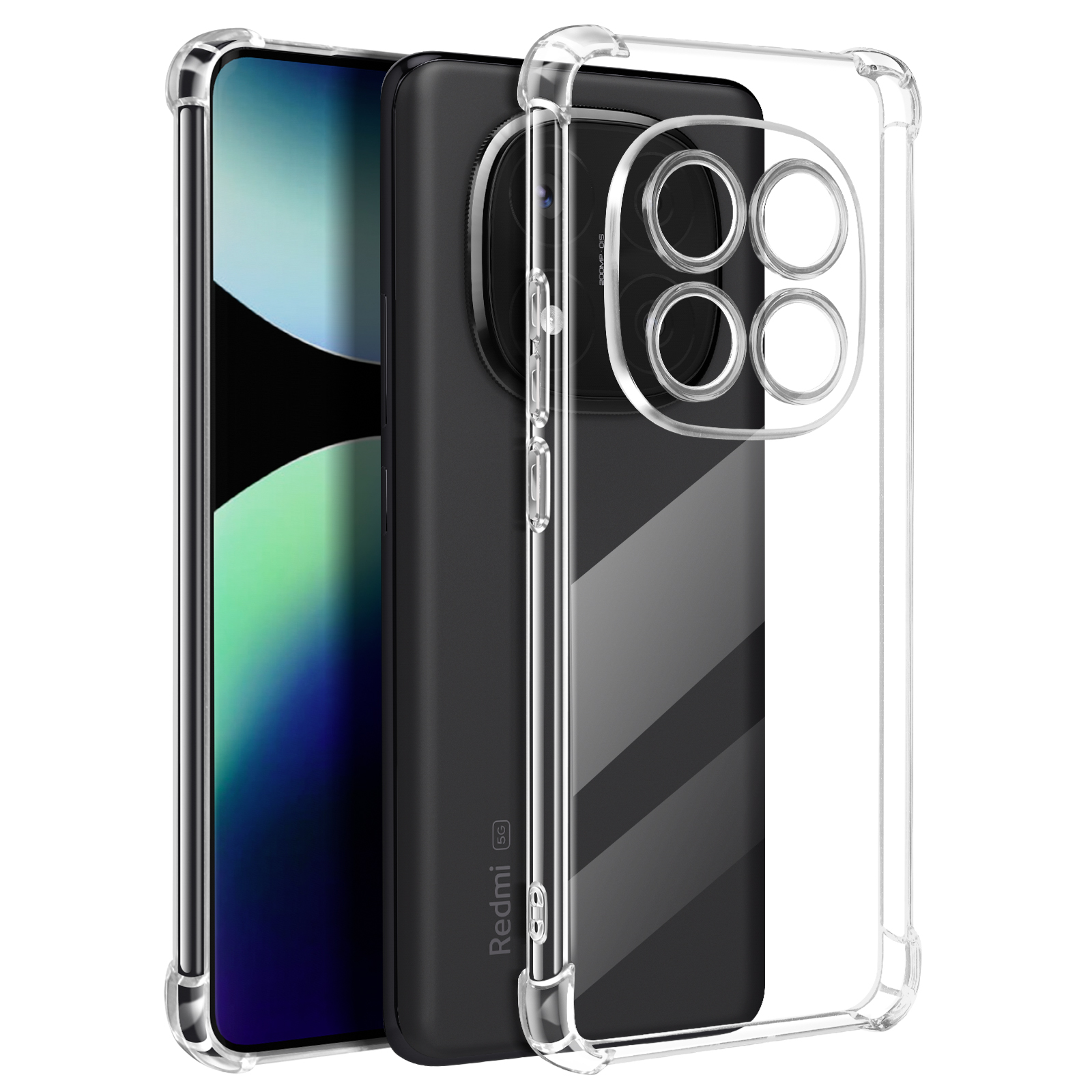 Telefono nero in una custodia trasparente. Il telefono ha tre fotocamere. Schermo visibile.