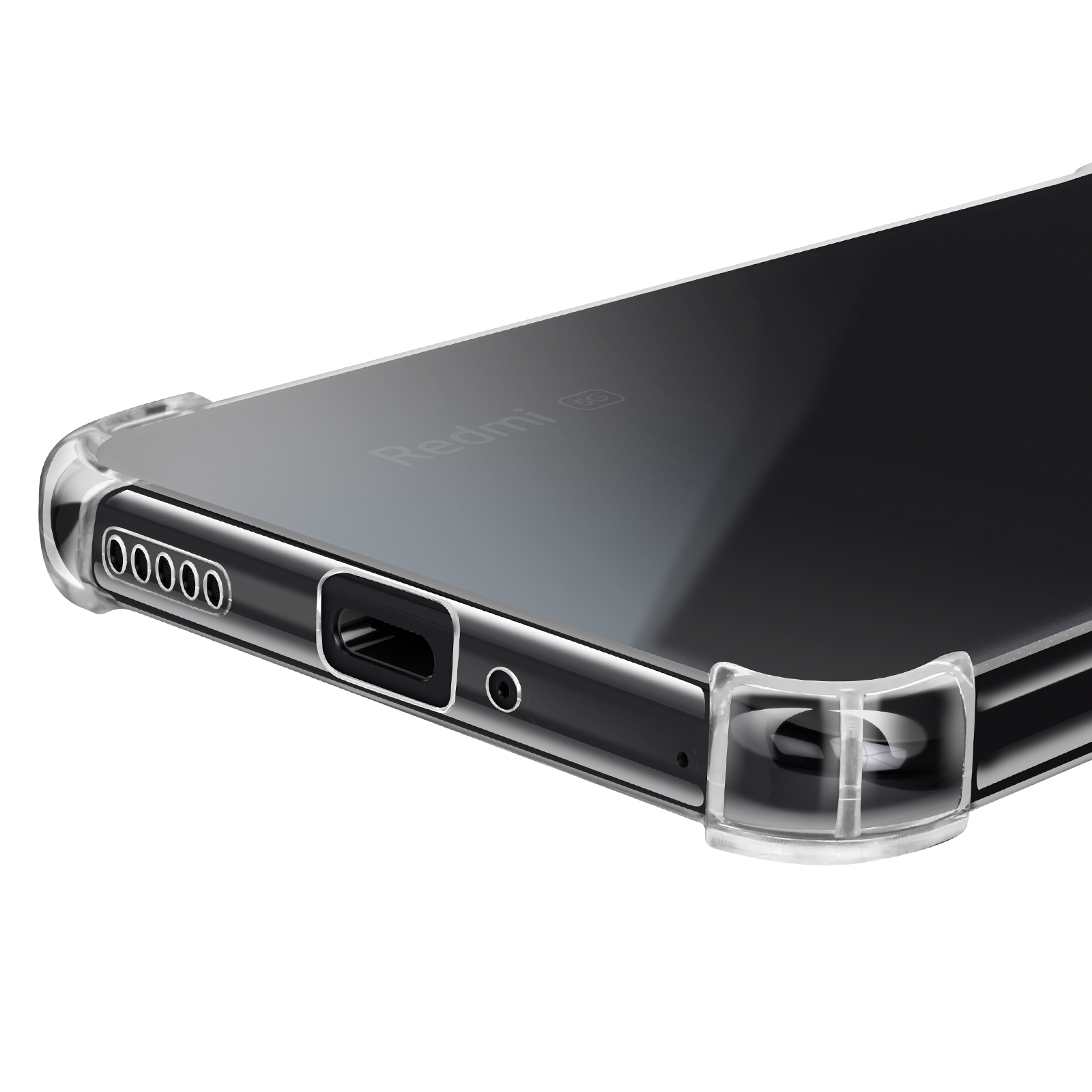 Custodia trasparente su telefono nero. Parte inferiore con porte. Logo Redmi 5G visibile.