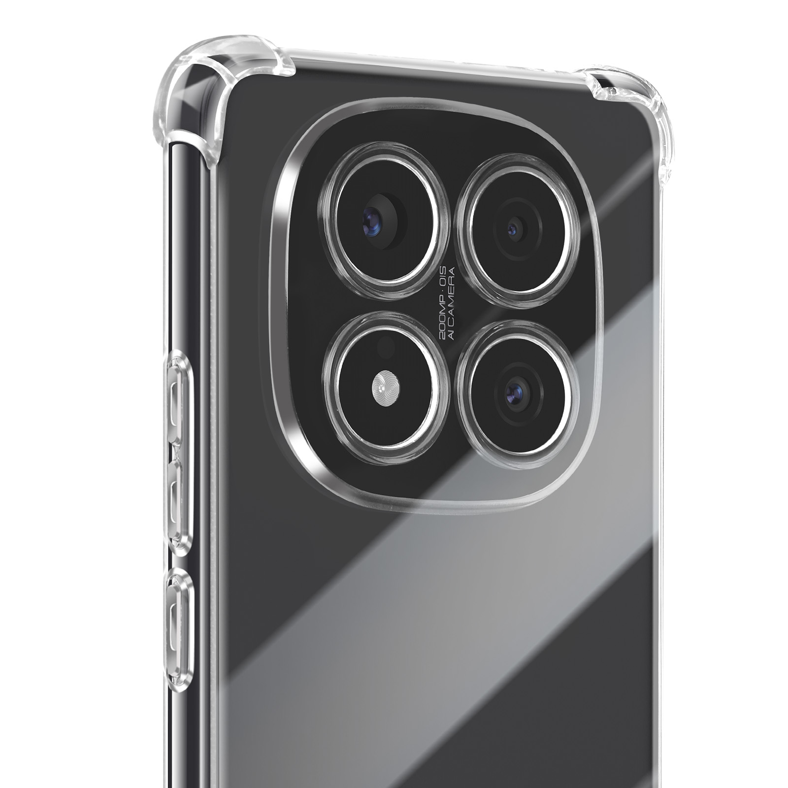 Custodia trasparente su telefono nero. Mostra doppie fotocamere. Telefono inclinato. Sfondo bianco.