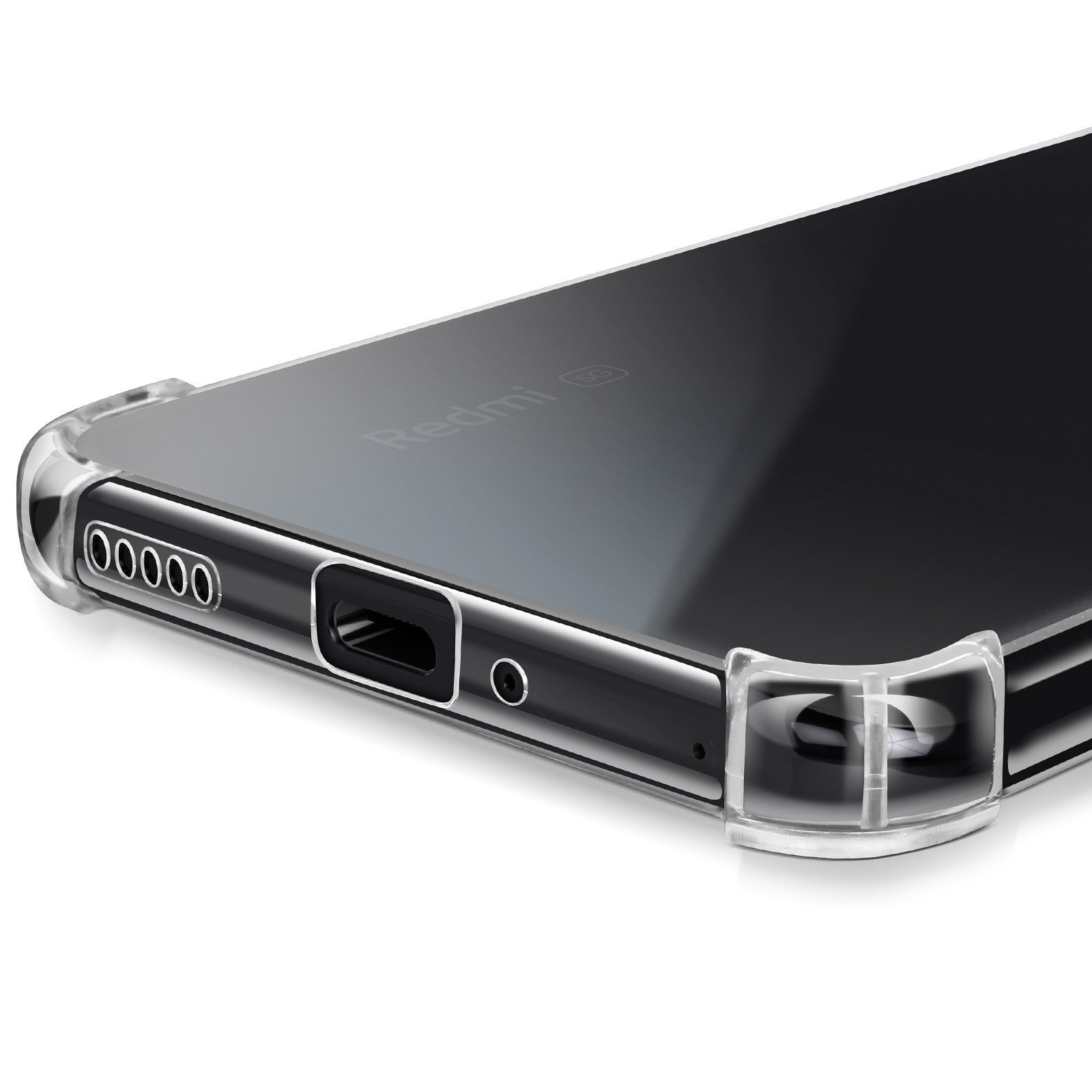 Custodia trasparente su telefono nero. Parte inferiore con porte. Logo Redmi 5G visibile.