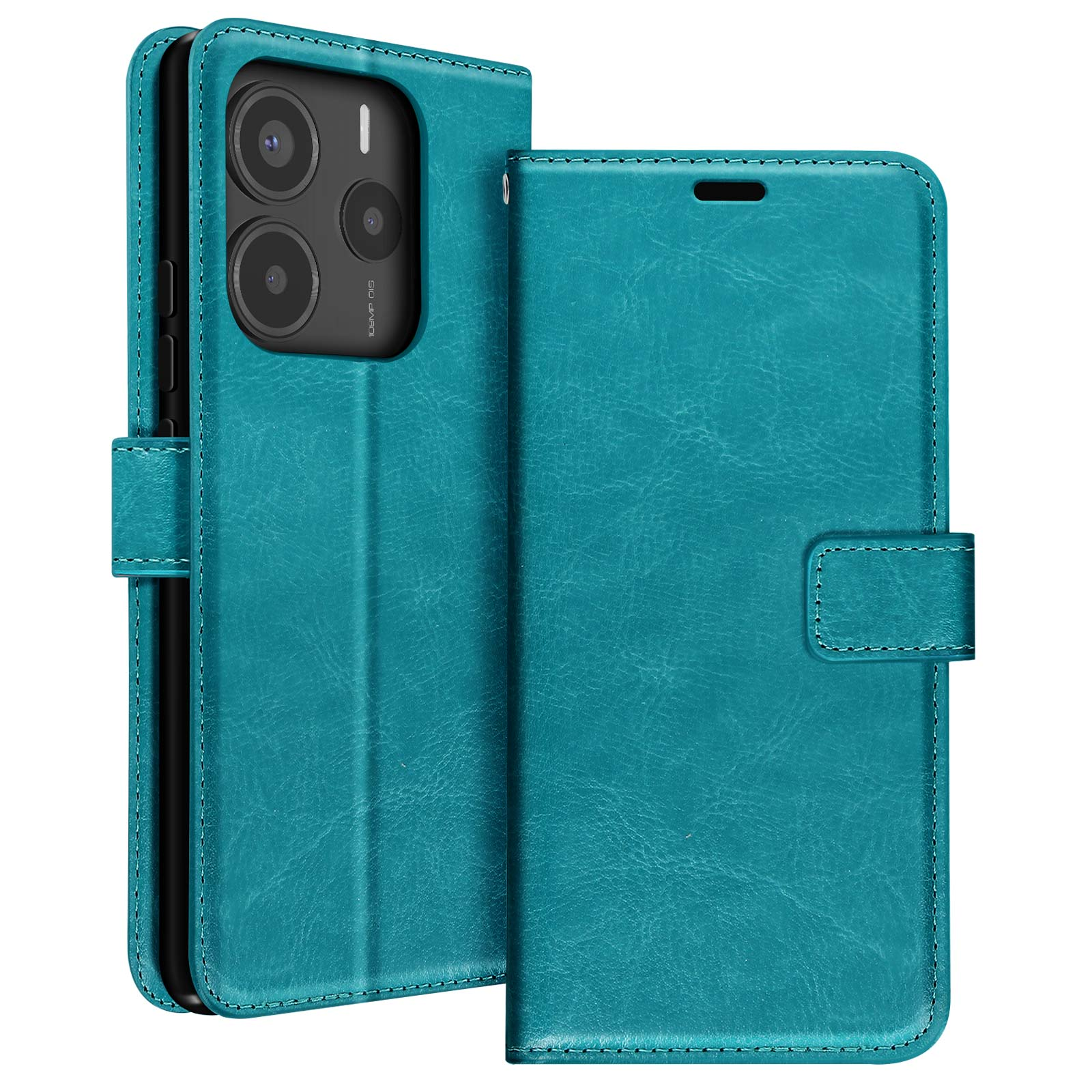 Custodia verde acqua aperta. Il telefono è all'interno, con la fotocamera visibile. Sfondo bianco.